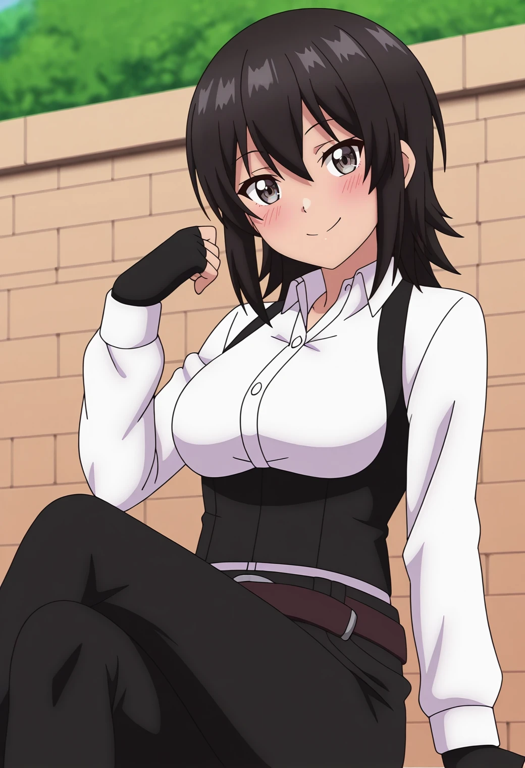 highres, best quality, masterpiece, outdoors,
solo, 1girl, elnakakushi, medium breasts, anime screencap,
collared shirt, black vest, dress shirt, black gloves, fingerless gloves, belt, black pants,
looking at viewer, blush, smile, head tilt,
sitting, crossed legs,
<lora:_elna_stongs-elesico-ilxl:1>