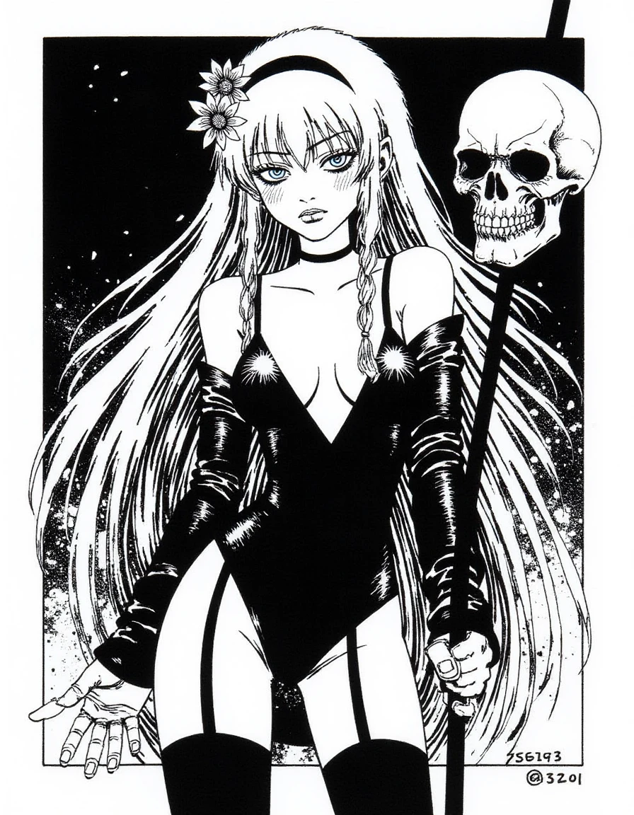 A disncty noir style comic illustration, stark black-and-white contrast, 1girl, solo, long hair, breasts, looking at viewer, bangs, blue eyes, hair ornament, thighhighs, dress, holding, cleavage, jewelry, closed mouth, standing, flower, hairband, earrings, detached sleeves, black thighhighs, hair flower, nail polish, garter straps, staff, red flower, holding staff, white hair, bare shoulders, blush, long sleeves, medium breasts, cowboy shot, skull,<lora:sin-city_v20-000120:1>