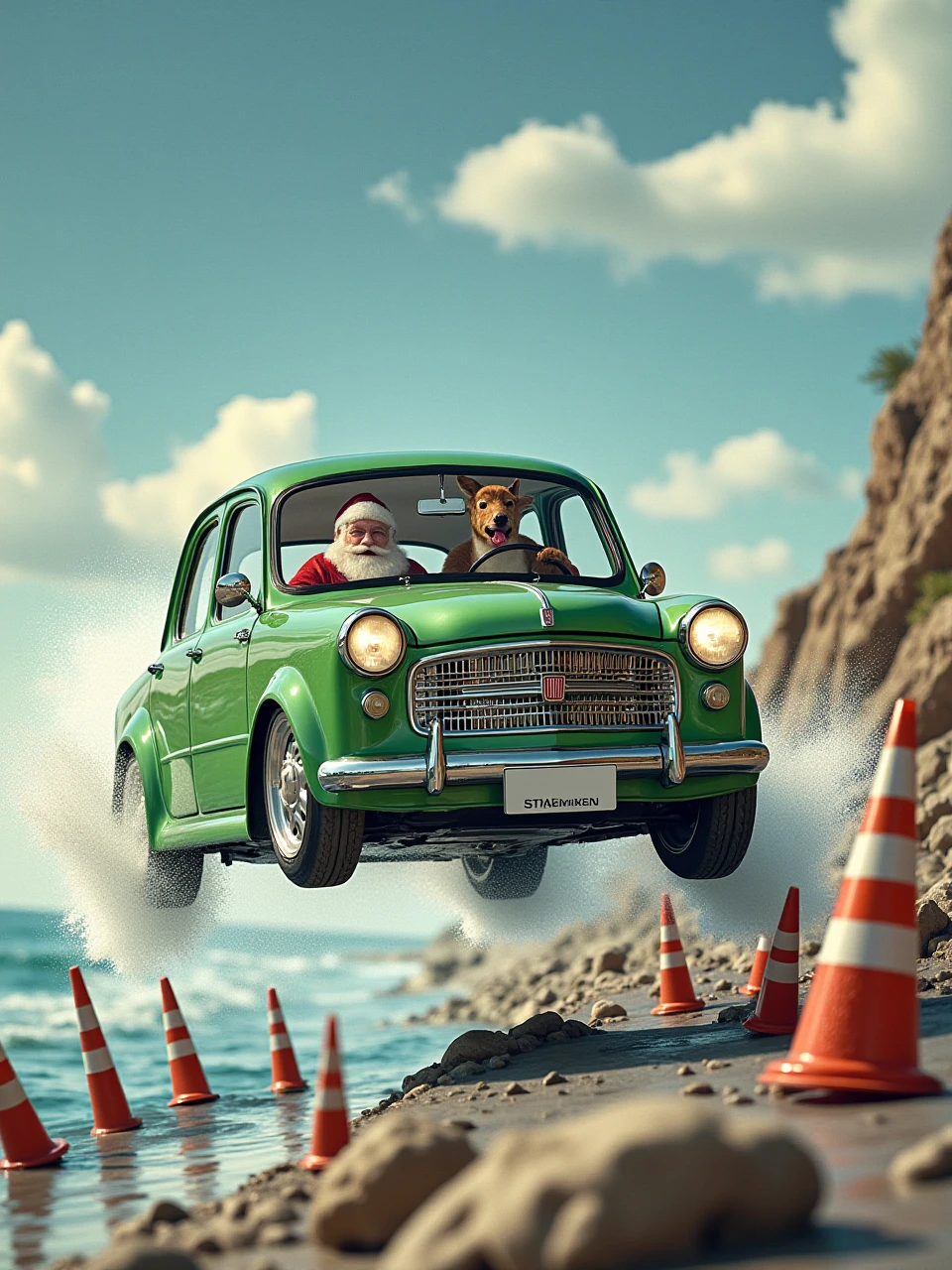 This is an automotive sports photography photo of a racy green Fiat 1100 car leaping off the end of a cliff road, crashing through several ice-cream cones and warning fences, and the camera just happens to capture the momentary freeze-frame photo of the car flying off the cliff in mid-air, with a lot of motion. Inside the car were a Santa Claus driver and a reindeer co-pilot, their mouths open, eyes wide and tongues hanging out in shock.
coh24, Fiat 1100.