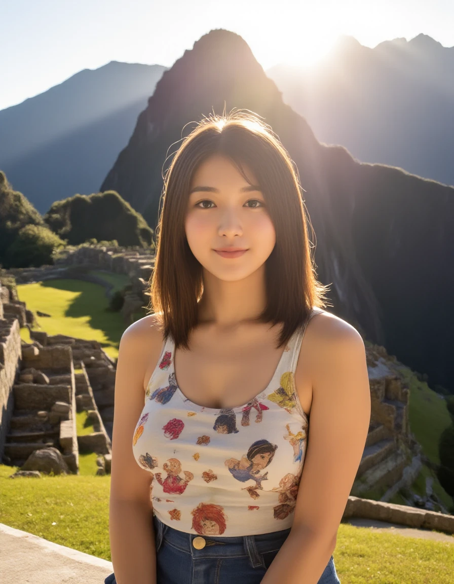 Photorealistic image of a woman, upper body, portrait,
"Teenager in a summer tank top with popular anime character prints.", (best quality), (masterpiece), 16k, 8K, ultra detailed, detailed skin, detailed face, masterpiece, best quality, ultra-detailed, intricate details, high resolution, 8k, sharp focus, vivid colors, high contrast, cinematic lighting, "The modern architecture of the Centre Pompidou, a hub of contemporary art in Paris.", (best quality), (masterpiece), 16k, 8K, ultra detailed, detailed skin, detailed face, masterpiece, best quality, ultra-detailed, intricate details, high resolution, 8k, sharp focus, vivid colors, high contrast, cinematic lighting, "The sun's first rays illuminating the iconic stone structures of Machu Picchu."