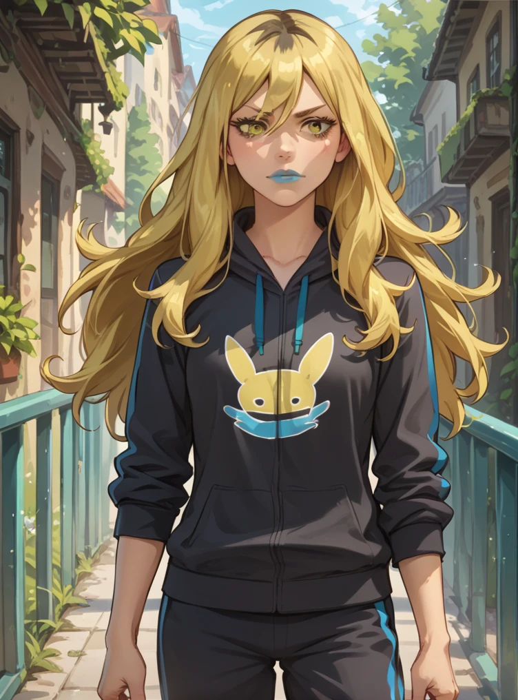 <lora:Delinquent_Pokemon_ORAS:1> delinquent_oras, long hair, blonde hair, hood, blue lips, track pants, yellow eyes, score_9, score_8_up, score_7_up, score_6_up, score_5_up,