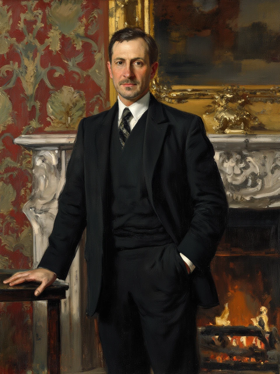 An oil painting, featuring a man in a dark suit standing in front of a grand fireplace in a lavishly decorated room. He has a calm, composed expression, with one hand resting on a marble mantelpiece. The background includes richly colored wallpaper and an ornate mirror reflecting the warm glow of the fire. The brushwork is precise, with detailed textures in the fabric of his suit and the intricate patterns of the room.