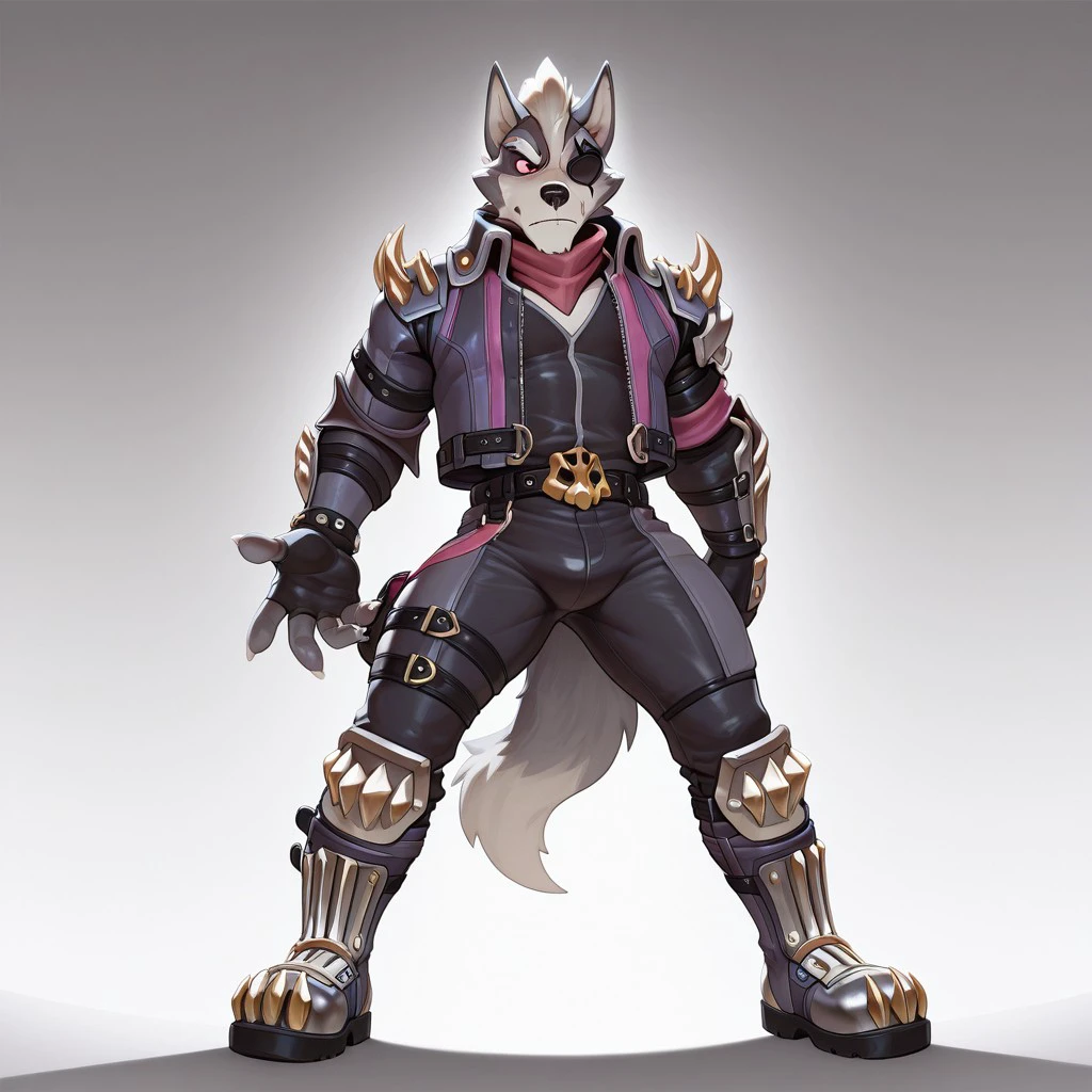 masterpiece, best quality, amazing quality, solo, 1boy, null-ghost, Wolf O'donnell, bara, red eyes, eyepatch, jacket, spikes, black pants, boots, fingerless gloves, standing, 