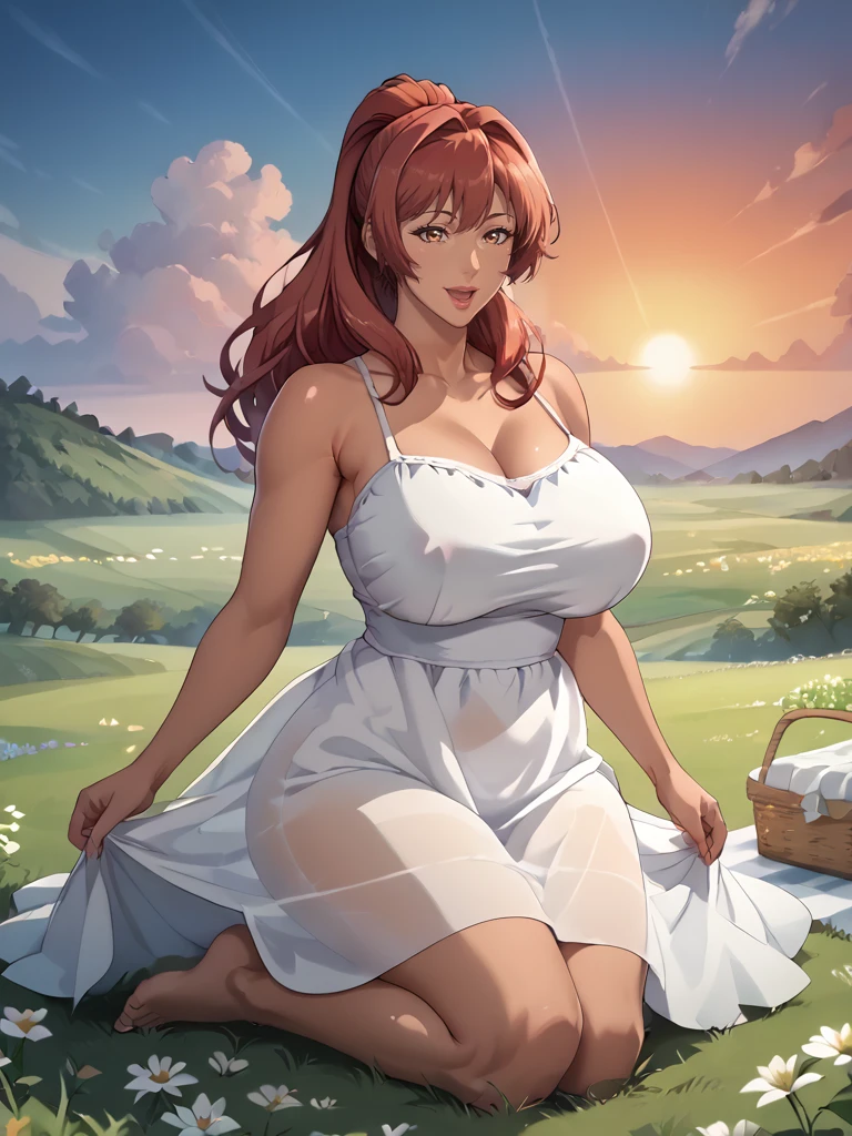 score_9, score_8_up, score_7_up, source_anime, mature female, milf,  <lora:Morisaki_Megumi:0.7> morisakimegum1, red hair, tan skin, ponytail, sidelocks, brown eyes, bangs, lips, huge breasts, long hair, flowy sundress, see-through silhouette, sunset, twirling, field, flowers, grass, hill, picnic, :D, smile, open mouth, arms out