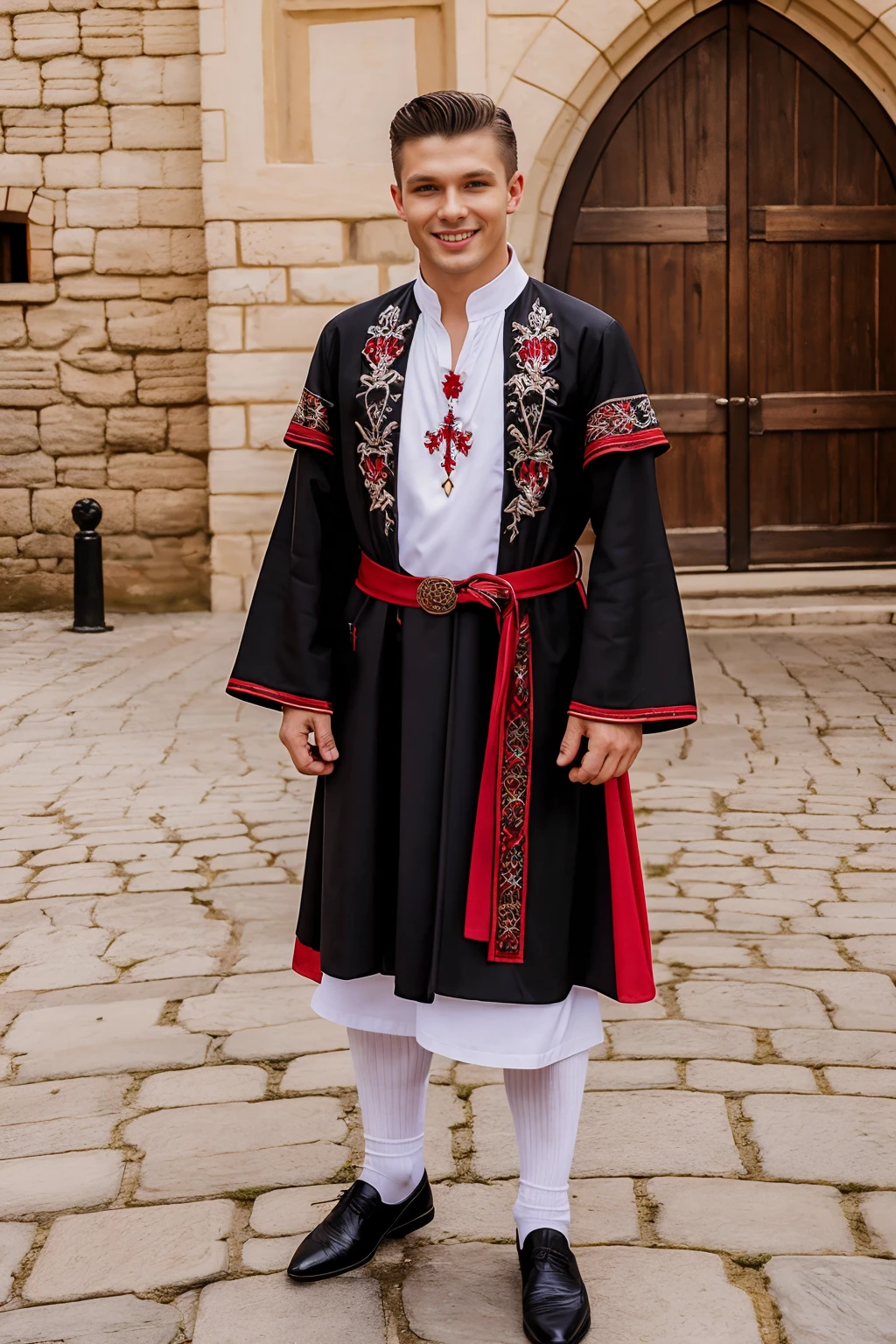 Polish festival, medieval architecture, smiling, standing, MichaelRoss, wearing black stroje ludowe, traditional Polish men's clothing, white shirt, Polish red and black embroidered Kaftan sleevless coat, socks, shoes, (male focus), (((full body portrait))), wide angle  <lora:MichaelRoss:0.8>   <lora:Clothing - Sexy Ledenhosen:0.1>