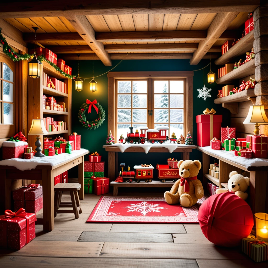 A warm, inviting photograph of Santa Claus's workshop, completely empty yet brimming with festive energy. The room is illuminated by soft golden light from lanterns hanging from wooden beams and a crackling fireplace in the corner. Wooden tables are scattered with tools, paints, and half-assembled toys, including a bright red train, a teddy bear, and colorful wooden blocks. Shelves along the walls overflow with vibrant gift boxes, plush toys, and neatly stacked wrapping paper rolls. The floor is dusted with wood shavings and glitter, adding a sense of activity left behind. Snow-covered windows reveal a faint winter landscape outside, with icicles hanging from the edges. A large chalkboard on one wall lists "Nice & Naughty" names in festive handwriting. The air feels magical, as though the elves just stepped out for a break, leaving the workshop frozen in a perfect holiday moment.<lora:SDXLFaeTastic2400:0.4> <lora:extremely_detailed:0.4> extremely detailed,, Masterpiece,best quality,hi res,8k,hi res,8k,award winning,(sharp focus, intricate, highly detailed),