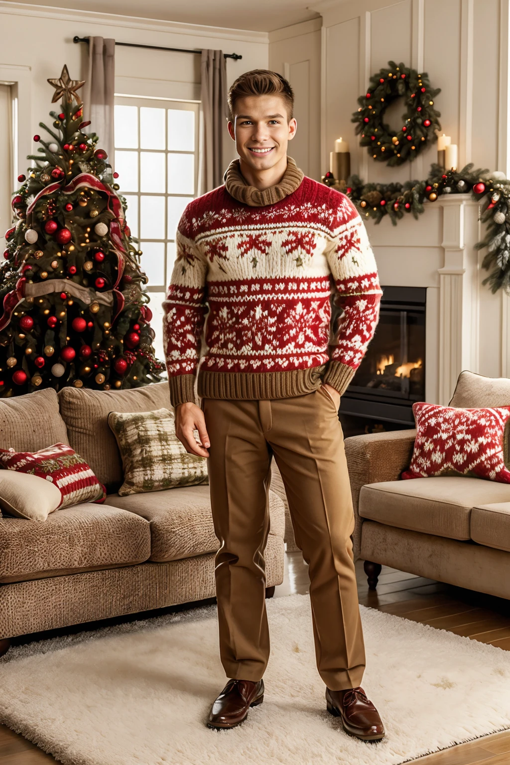 living room, Christmas decorations, Christmas Tree, fireplace, couch, standing, smiling, MichaelRoss, christmassweater, khaki slacks, dress shoes, holding mug of hot chocolate, (male focus), ((full body portrait)), (wide angle),  <lora:MichaelRoss:0.8>   <lora:world_christmassweater:0.55>  <lora:quiron_Chritsmas_v1_lora:0.30>