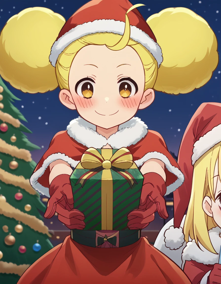 score_9, score_8_up, score_7_up, source_anime, <lora:lemone-juicy-s1-ponyxl-lora-nochekaiser:1>, lemone juicy, blonde hair, yellow eyes, ahoge, hair bun, double bun, anime screencap,, <lora:santa-costume-ponyxl-lora-nochekaiser:1>, santa costume, santa hat, christmas, sack, merry christmas, gift, fur-trimmed headwear, holding sack, santa dress, fur-trimmed dress, christmas tree, christmas tree, fur trim, red capelet, gift box, red gloves, fur-trimmed capelet, santa gloves, red hat, hat,, smile, blush, looking at viewer, <lora:incoming-gift-ponyxl-lora-nochekaiser:1>, incoming gift, outstretched arms, holding, holding gift, gift, gift box,, , dutch angle, cowboy shot