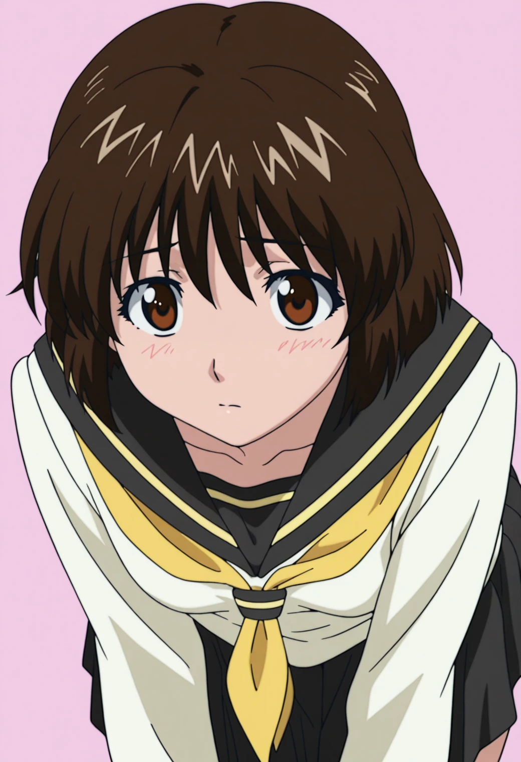 masterpiece, best quality, amazing quality, anime coloring, anime screencap, solo, 1girl,  <lora:DX888KoishiIL:1> herikawa koishi, brown hair, short hair, brown eyes, serafuko, yellow neckerchief, black skirtBREAK ( simple background:1.3),   pink background pastel background, BREAK  dynamic pose, bent over,  from above,