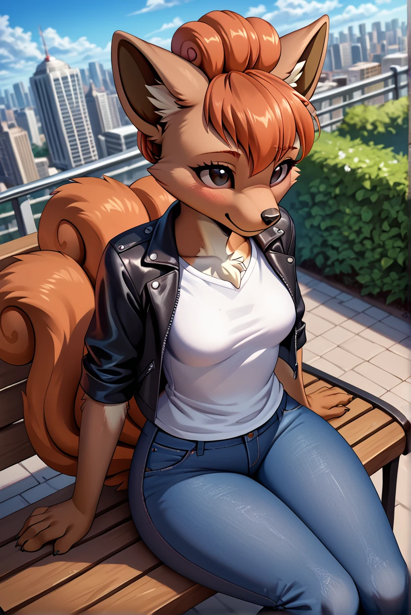 score_9, score_8_up, score_7_up, source_anime, source_furry, (beautiful, detailed background, digital artwork, digital art, well shaded artwork, depth, detailed artwork)1.2, 1girl, female, furry, anthro, vulpix, detailed fluffy fur, large expressive eyes, city setting, sitting, sitting on bench, low angle view, jeans, t-shirt, leather jacket, small breasts, wide hips, looking up, frowning