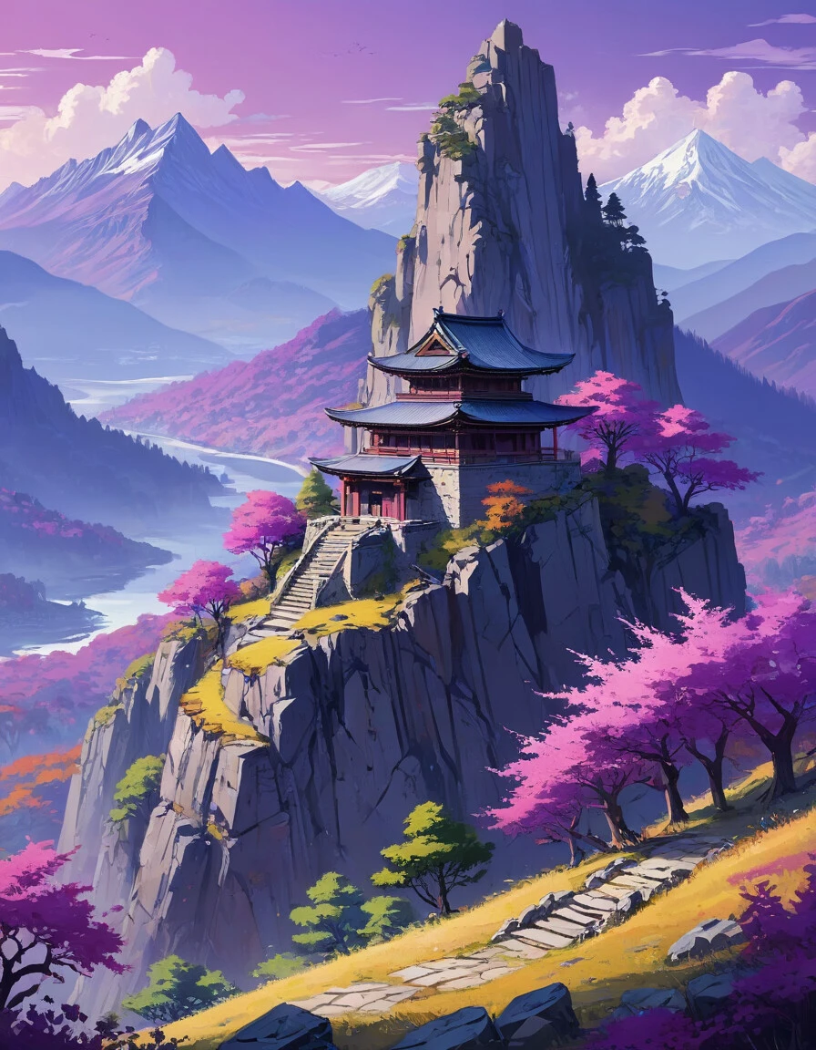 masterpiece, anime style, sharp, no humans, perfect landscape, mountains, purple trees, ruins, vibrant, colorful