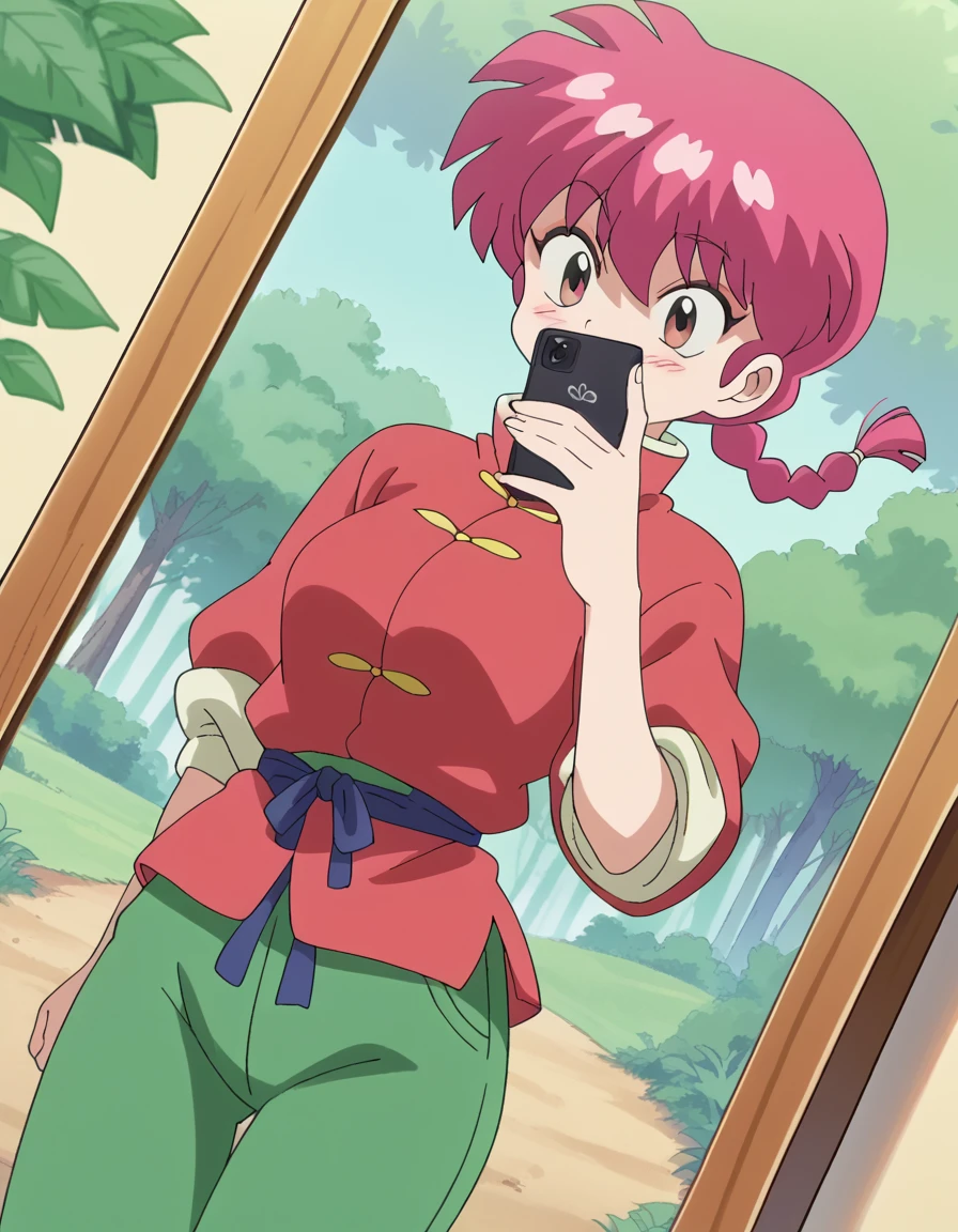 score_9, score_8_up, score_7_up, source_anime, <lora:ranma-saotome-s1-ponyxl-lora-nochekaiser:1>, ranma saotome, braid, red hair, single braid, braided ponytail, red eyes, medium breasts, anime screencap,, pants, chinese clothes, tangzhuang,, forest, trees, foliage, wildlife, greenery, smile, <lora:mirror-selfie-ponyxl-lora-nochekaiser:1> selfie, arm behind back, cellphone, covering own mouth, embarrassed, hand up, holding, holding phone, mirror, phone, reflection, smartphone, blush, cowboy shot, looking at viewer, solo,, dutch angle, cowboy shot