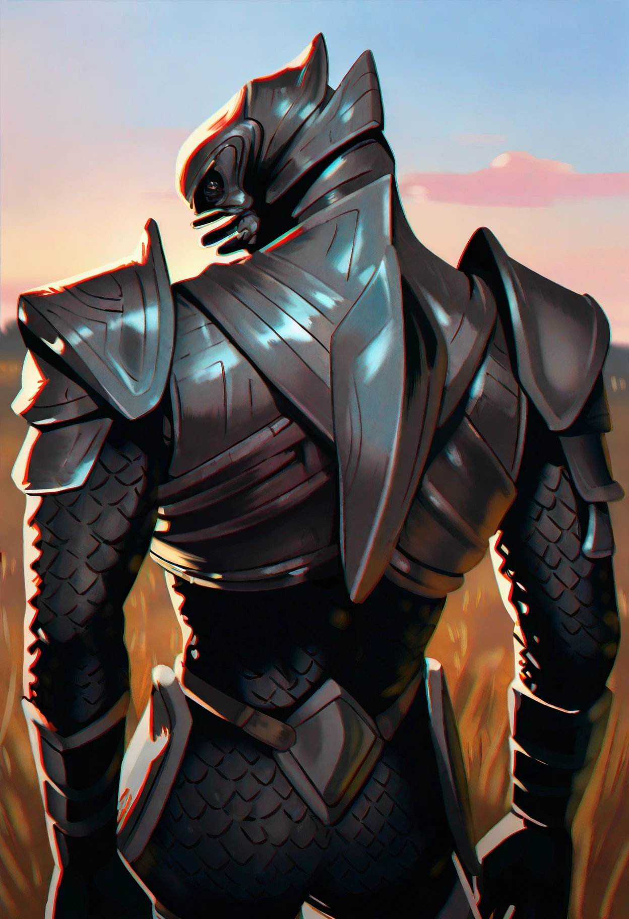 masterpiece, best quality, hires, absurdres, newest, realistic, male focus, 1boy, <lora:arbiter-halo-richy-v1_ixl:1> arbiter, helmet, grey armor, shoulder armor, black skin, 4 fingers, from behind, horizon, sunset, field, dramatic, cinematic, film grain, back, chromatic aberration, bokeh, dithering, apropos, depth of field, looking to the side, mandibles