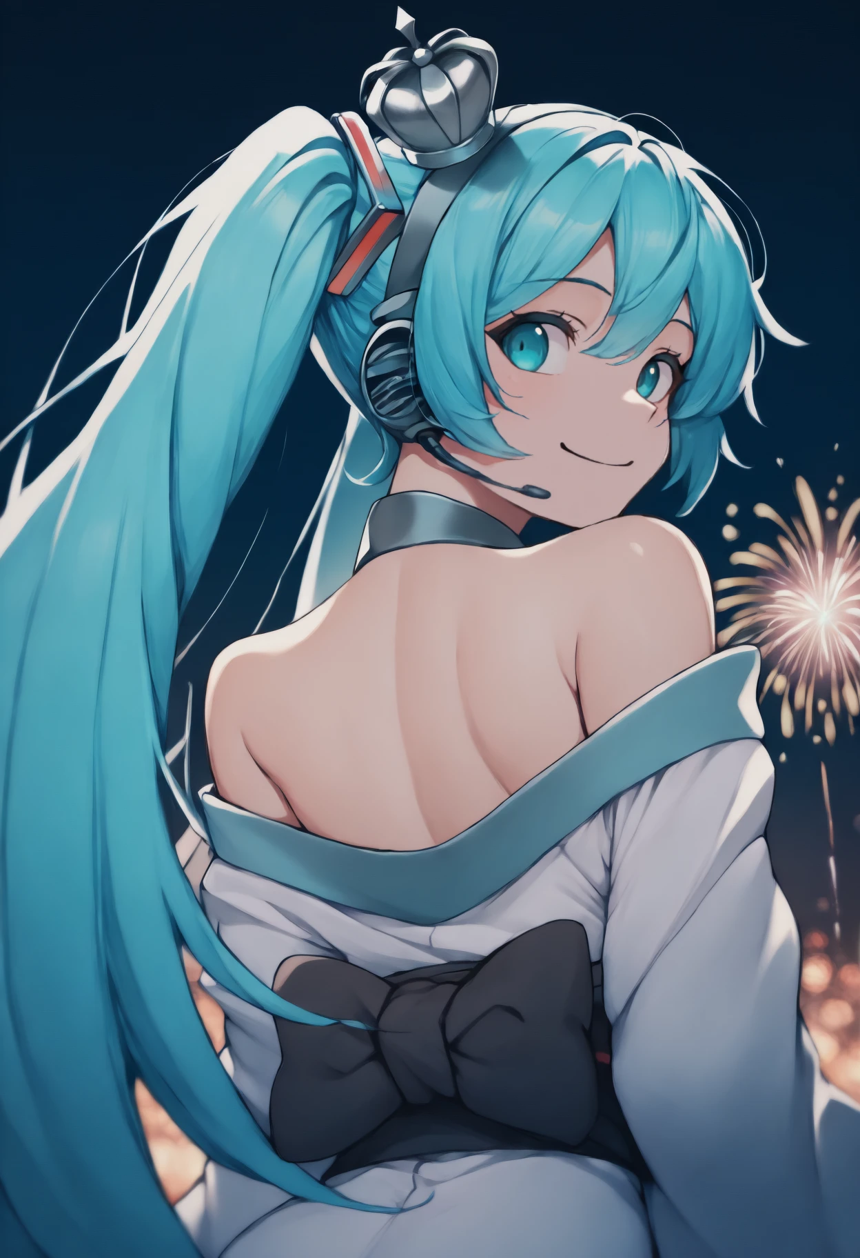 anime, masterpiece, best quality, from behind, solo, 1girl, rcmk13def, smile, looking back, long hair, aqua hair, twintails, headset, grey headwear, mini crown, aqua eyes, japanese clothes, white kimono, off shoulder, black sash, bare shoulders, outdoors, night, fireworks
<segment:yolo-Anzhc Face seg 640 v2 y8n.pt,0.4,0.5//cid=1>