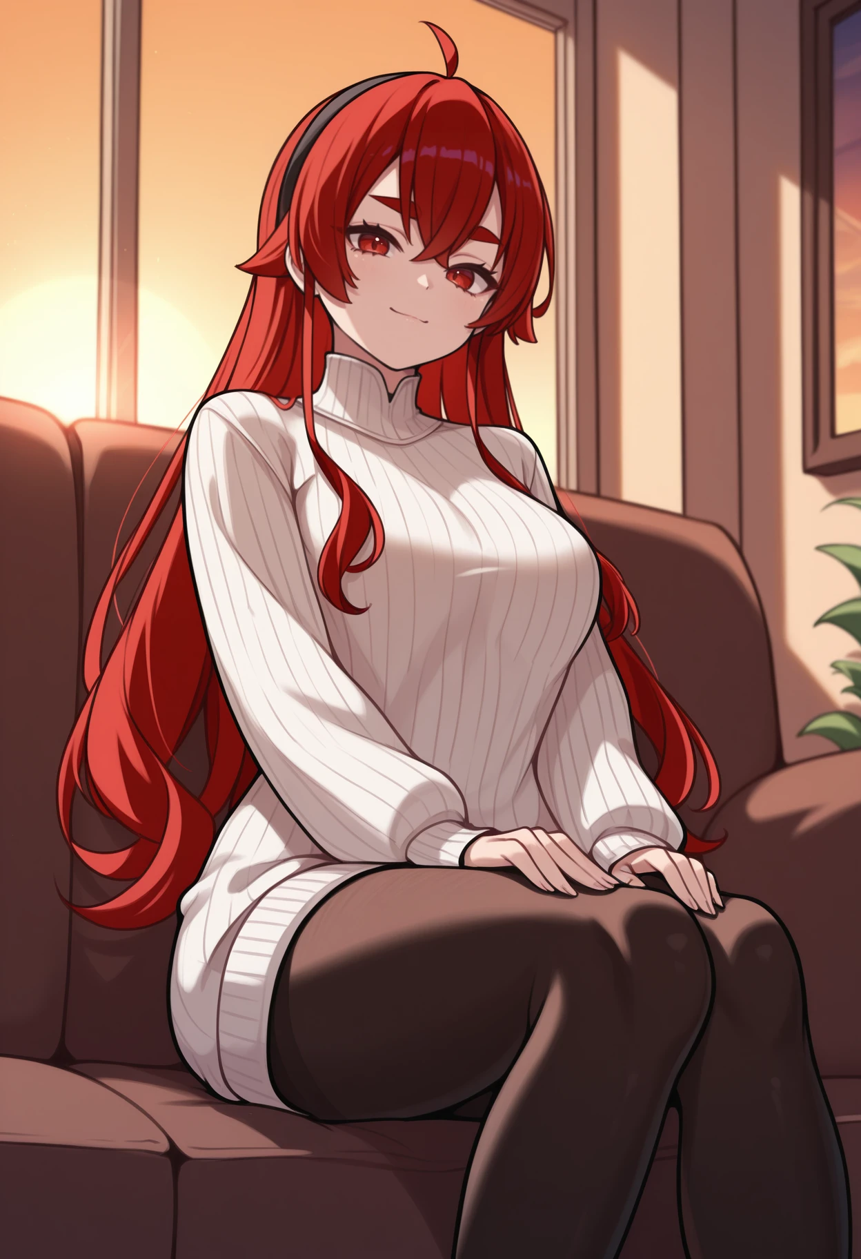 masterpiece, best quality, feet out of frame, solo, 1girl, er1s, slight smile, looking at viewer, sitting, on couch, hands on own thighs, long hair, red hair, hair between eyes, ahoge, crossed bangs, sidelocks, black hairband, red eyes, thick eyebrows, white sweater, sweater dress, ribbed sweater, turtleneck, long sleeves, black pantyhose, indoors, living room, window, sunset, sunlight
<segment:yolo-face_yolov8m.pt,0.4,0.5//cid=1>