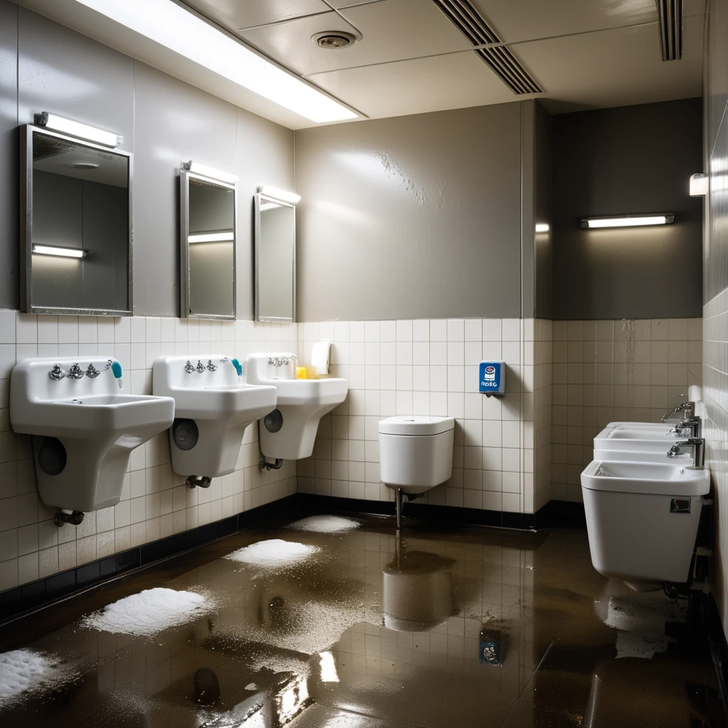 The interior of a public restroom with a utilitarian and slightly neglected design. The walls are covered in plain, slightly stained white tiles, some of which are cracked or chipped. The floor consists of large, dull gray tiles with faint scuff marks and small puddles of water near the sinks. On one side of the room, a row of metal bathroom stalls with scratched doors and faded paint lines the wall. On the opposite wall, a series of wall-mounted urinals made of white ceramic are spaced evenly, each with a metallic flush handle above. Some urinals have faint stains and water streaks, with one having a small puddle beneath it. A row of sinks with old, slightly rusted faucets sits beneath a large, streaked mirror that has smudges and water spots. Above, fluorescent tube lights buzz faintly, casting a cold, sterile glow over the space. A faint smell of cleaning chemicals lingers in the air, mixed with the dampness of the room. A hand dryer is mounted on the wall near the entrance, and a trash bin overflowing with crumpled paper towels stands nearby. The atmosphere feels functional but slightly neglected, emphasizing its everyday use.
<lora:SDXLFaeTastic2400:0.4> <lora:extremely_detailed:0.4> extremely detailed, Masterpiece,best quality,hi res,8k,hi res,8k,award winning,(sharp focus, intricate, highly detailed),