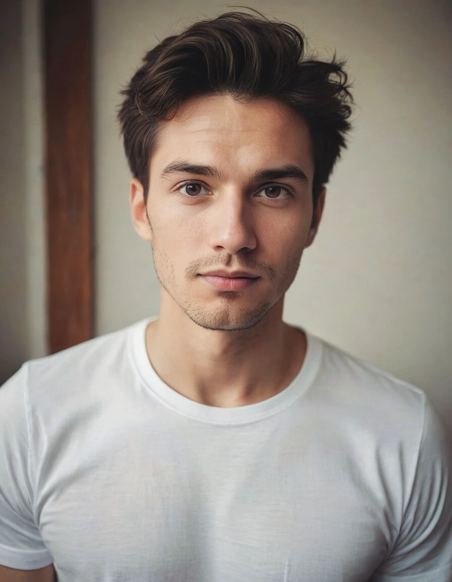 instagram photo, portrait photo of 28 y.o man, wearing t-shirt, perfect face, natural skin, film grain