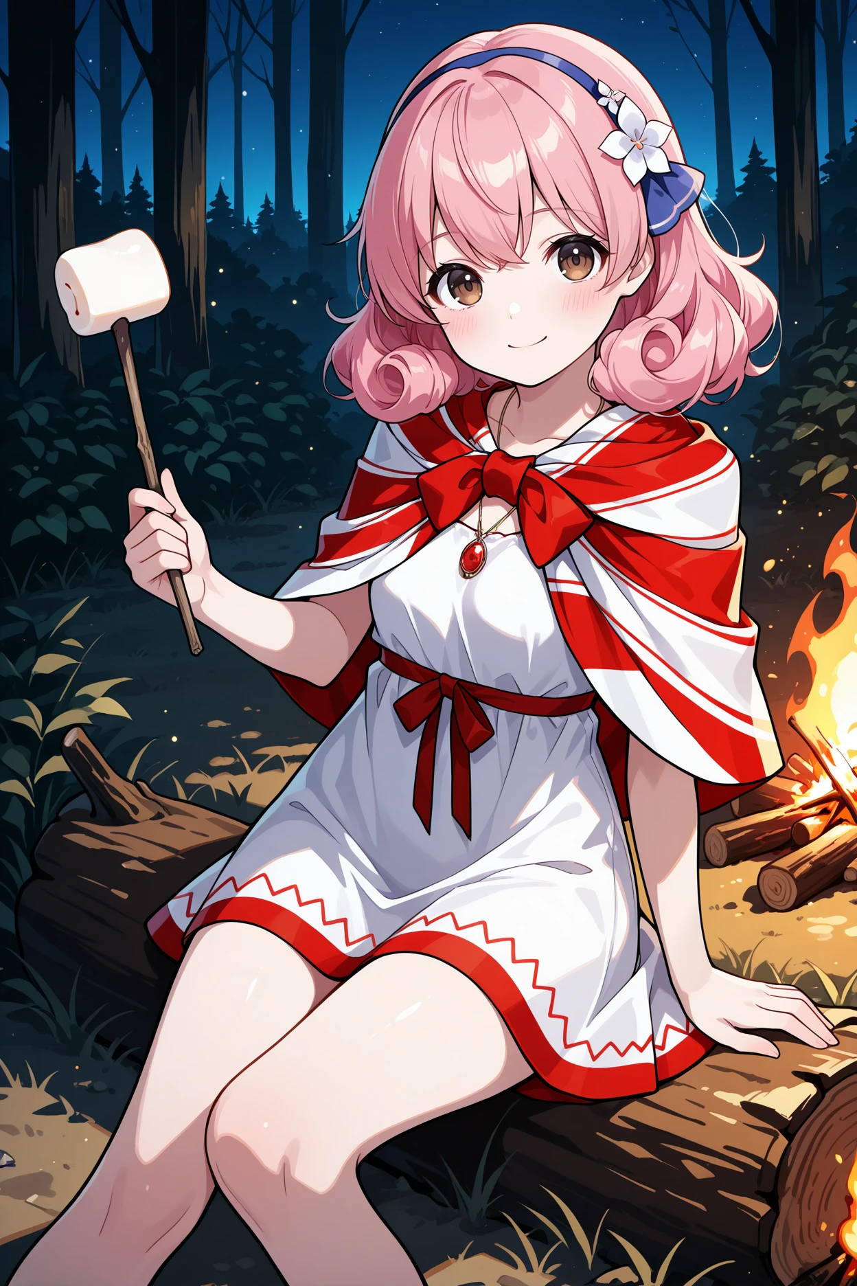 masterpiece, best quality, 1girl, solo,  <lora:fegenny-illu-nvwls-v1-000007:1> picgny, pink hair, curly hair, medium hair, brown eyes, hairband, pendant, hair flower, striped capelet, white and red capelet, white dress, short dress, sleeveless dress, red stripe, sitting on fallen log, night, forest, bonfire, holding stick with marshmallow, looking at viewer, smile, blush