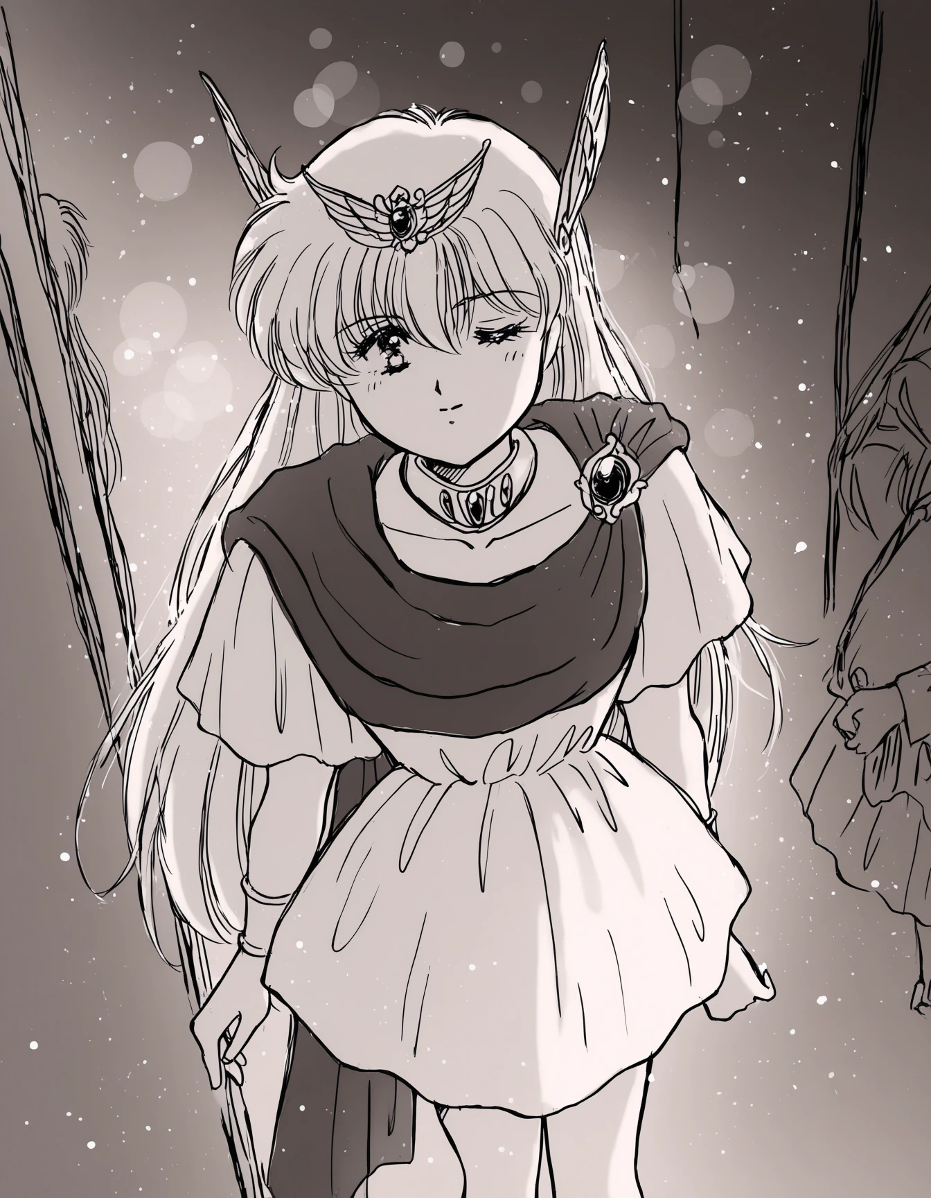 masterpiece, best quality, very aesthetic, absurdres, newest, 
1girl, solo, solo focus, dim lighting, light particles, bokeh, double exposure, safe, 
<lora:Magical_Princess_Akazukin_Chacha_-_Kosuge_Yuutarou_version_Illustrious:1.0>, magical_princess, akazukin chacha, red eyes, blonde hair, long hair, very long hair, bangs, hair between eyes, hair ornament, wing hair ornament, jewelry, dress, cape, skirt, miniskirt, , choker
(sketch, monochrome, greyscale:1.3)
dusk, indoors, foggy, 
looking at viewer,
from above, dutch angle 
light smile
, 
(parted lips:0.6), 
, 
one eye closed, 
,