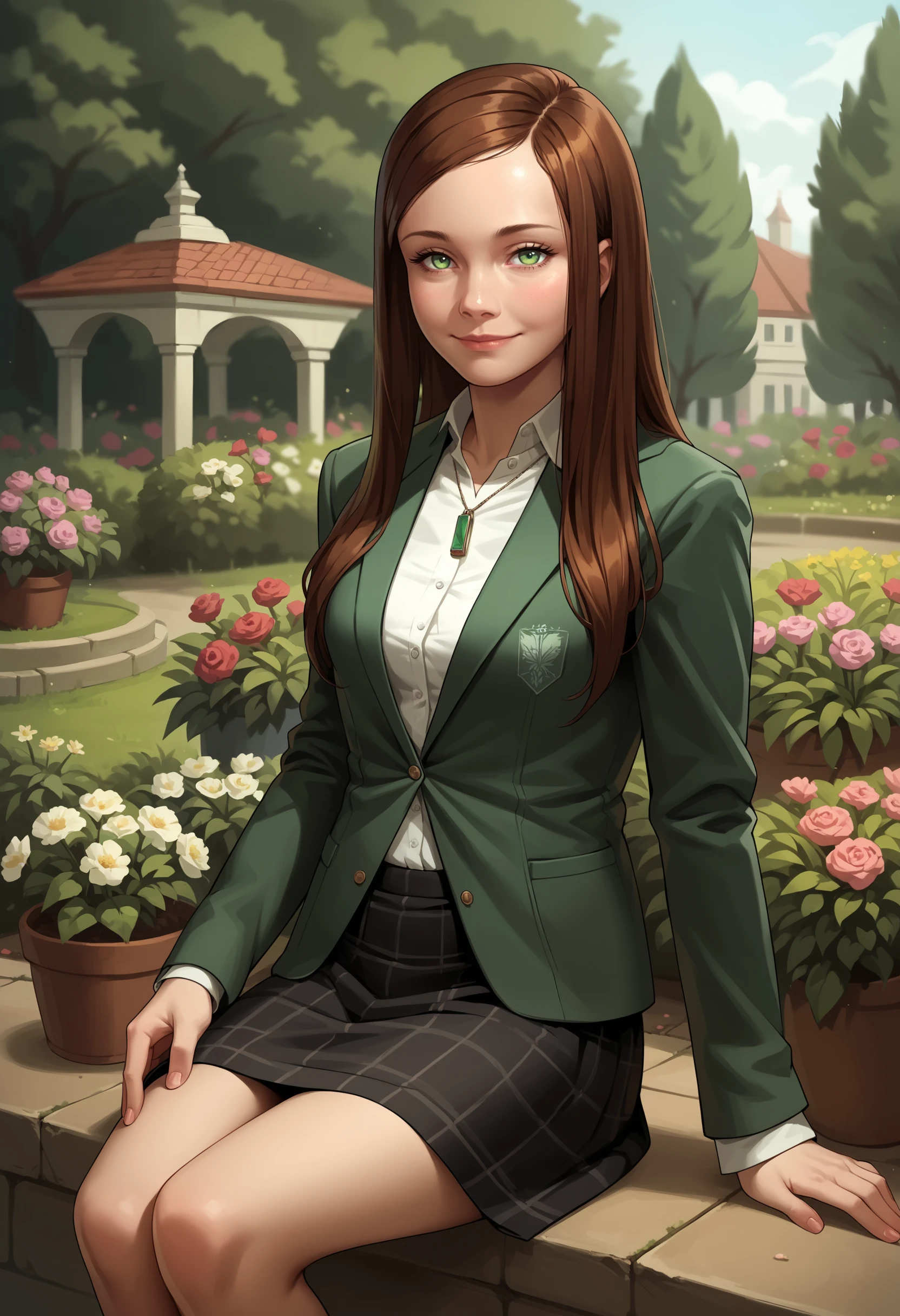 score_9, score_8_up, score_7_up, score_6_up, score_5_up, score_4_up,  <lora:VictoriaHitmanA:0.85> 1girl, solo, victoriaf, long hair, brown hair, green eyes, jacket, necklace, skirt, looking at viewer, smile, bedroom eyes, sitting, 
outdoors, garden, flowers,