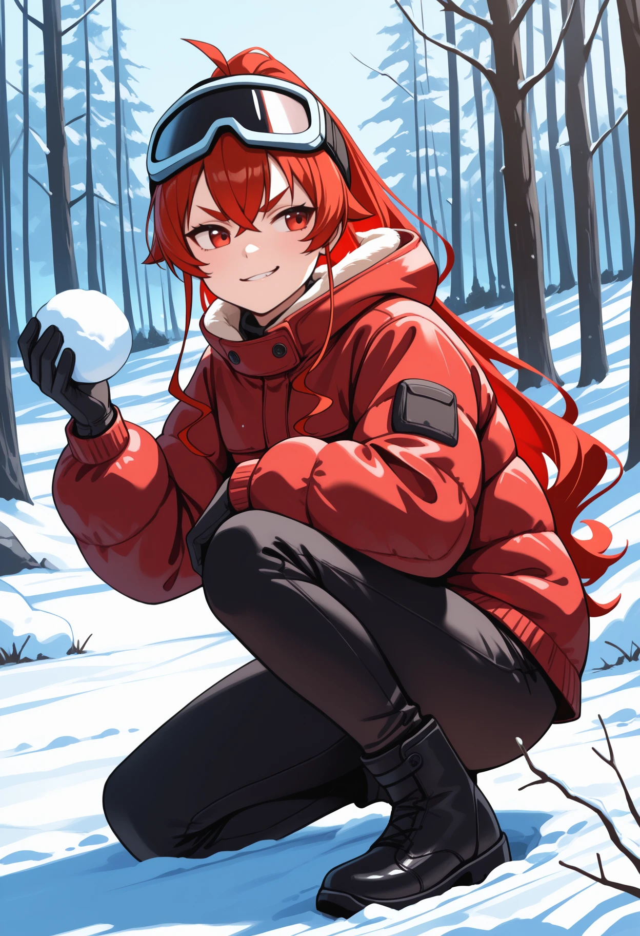 masterpiece, best quality, full body, solo, 1girl, er1s, smirk, looking to the side, on one knee, holding snowball, long hair, red hair, hair between eyes, ahoge, crossed bangs, sidelocks, black hairband, ski goggles, goggles on head, red eyes, thick eyebrows, v-shaped eyebrows, red jacket, down jacket, puffy long sleeves, black gloves, black pants, black footwear, ankle boots, outdoors, snow, nature, tree, branch
<segment:yolo-Anzhc Face seg 640 v2 y8n.pt,0.4,0.5//cid=1>