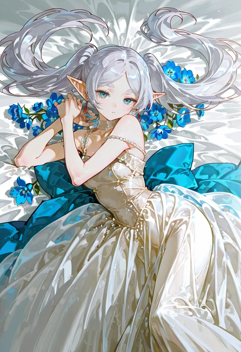 1girl,solo,looking at viewer,ikeda ruriko, gown, dress, beads, frieren, flower, lying,