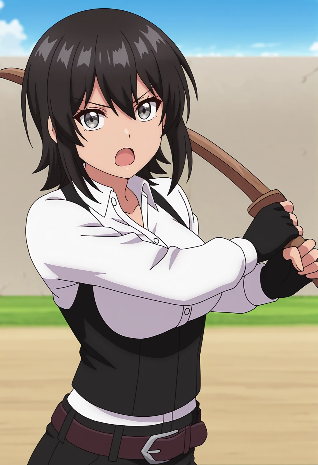 highres, best quality, masterpiece, outdoors, blue sky, field, wall,
solo, 1girl, elnakakushi, medium breasts, grey eyes, anime screencap,
collared shirt, black vest, dress shirt, black gloves, fingerless gloves, belt, black pants,
looking at viewer, serious, open mouth, 
holding wooden sword,
<lora:_elna_stongs-elesico-ilxl:1>