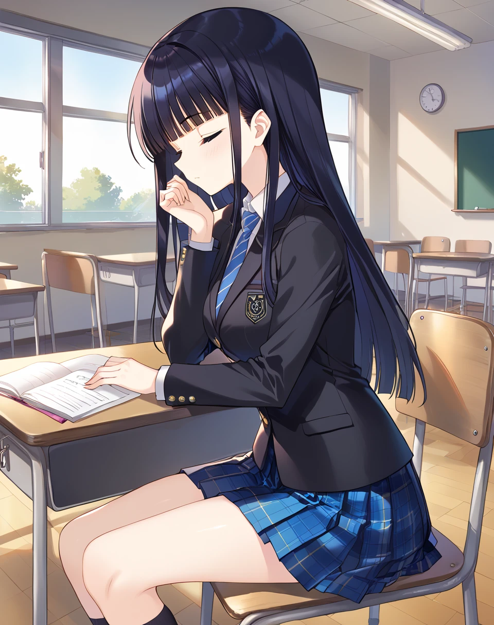 touma_kazusa, long hair, black hair, closed eyes, school uniform, skirt,   plaid skirt, plaid, black blazer, collared shirt,  plaid skirt, pleated skirt, blue skirt, official art BREAK ndoors, classroom, sunset BREAK neutral face, from side, sitting, on chair, desk, sleeping on desk, sleeping, BREAK score_9, score_8_up, score_7_up, source_anime ,zPDXL,<lora:Kazusa_Touma:0.8>