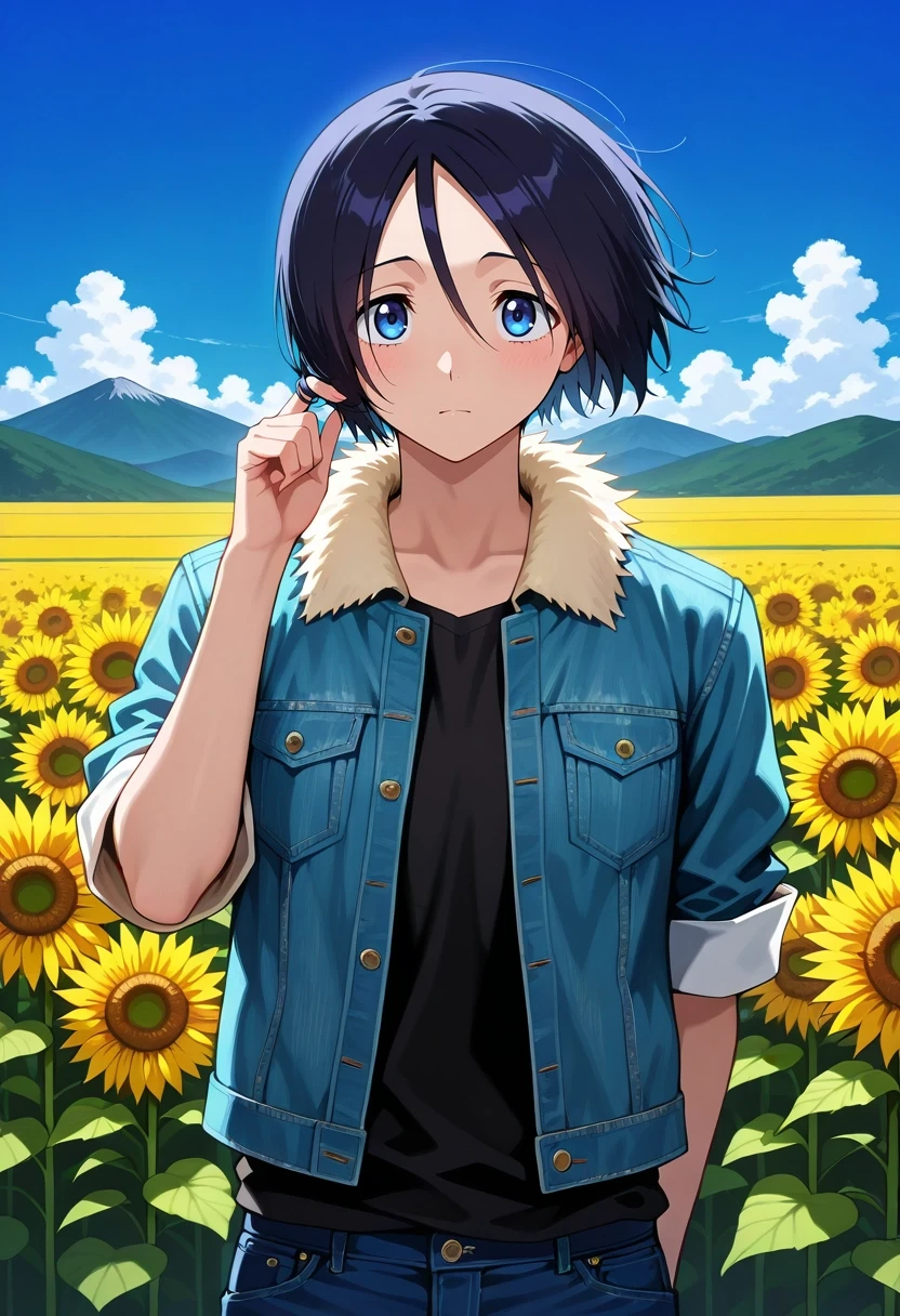 masterpiece, best quality, , , looking at viewer, , 1boy, solo, male focus, <lora:hanatarou_yamada_ilxl:0.98>, hanatarou_yamada, black hair, blue eyes, short hair, hair between eyes, , sunflower field, sky, vibrant, wind, mountain, twirling, midday, joyful expression, flowing clothes, Cropped chinos, Denim jacket, , , Feather collar or boa andFrame Pack and