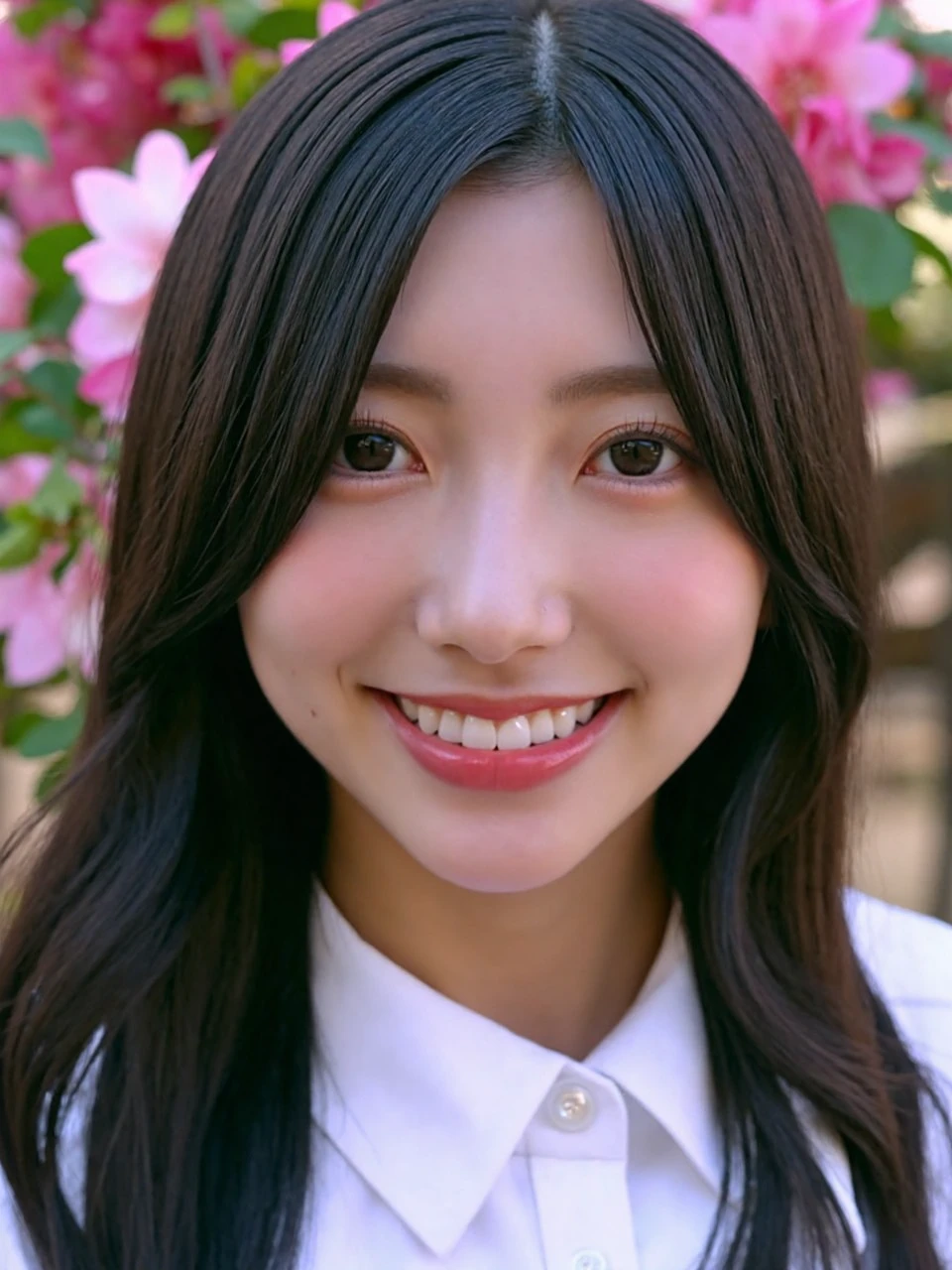 konishi, (medium full shot), beautiful korean girl with dark eyeshadow and eyeliner, Her hair is styled in a medium straight and falls over her shoulders, wearing white shirt, smile, studio lighting, dslr, soft lighting, high quality, film grain, light reflections, blood vessels, pale skin, skin pores,blood vessels in sclera, detailed skin, beauty spots, skin fuzz,
The background is blurred, but it appears to be a tree with pink and white flowers. The overall mood of the image is peaceful and serene.Bright lighting.