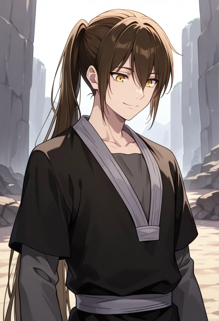 masterpiece, best quality, 
baamtg, 1boy, male focus, solo, yellow eyes, brown hair, very long hair, ponytail, hair between eyes, shirt, grey shirt, long sleeves, robe, black robe, upper body, upper body, smile
outdoor