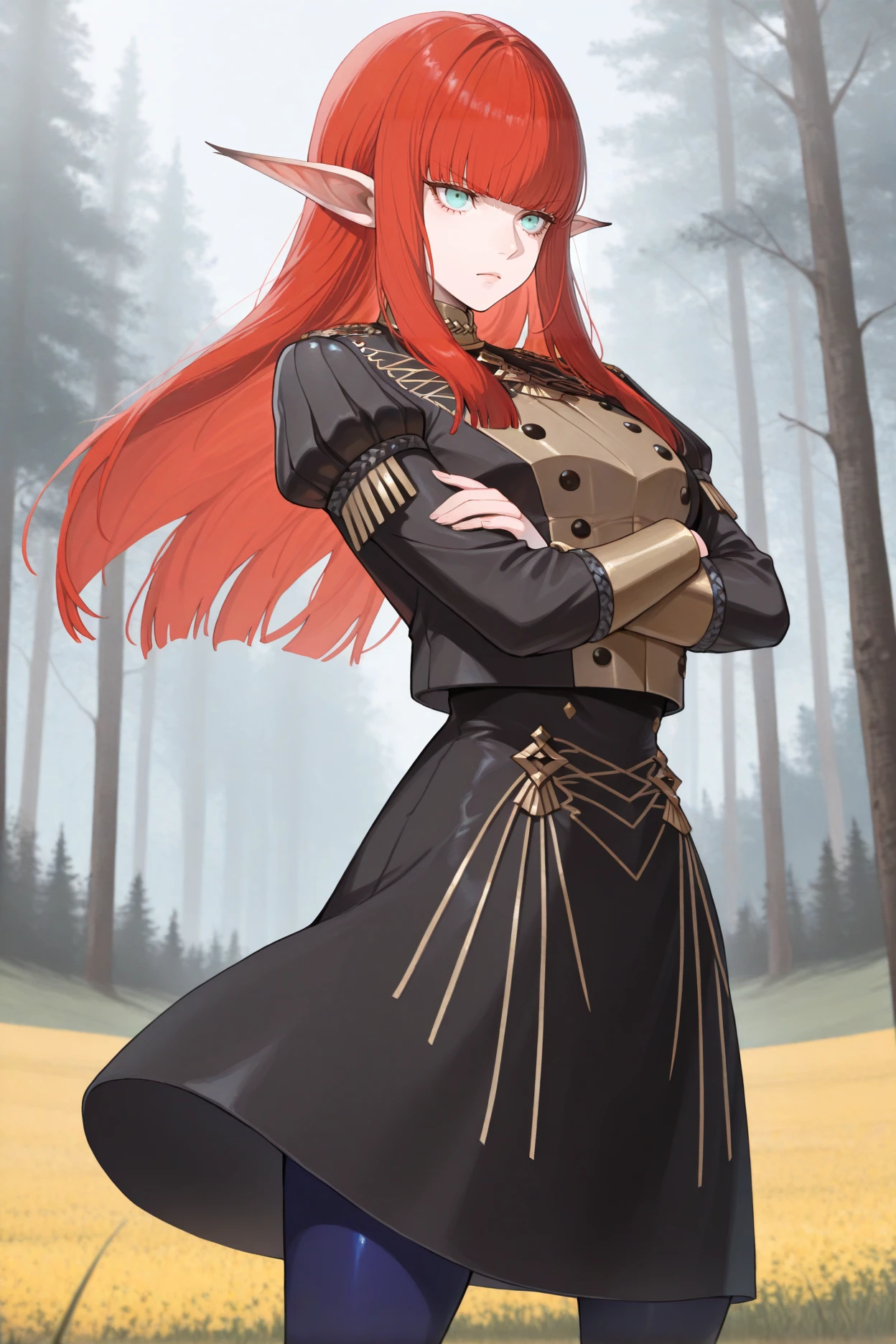 masterpiece, best quality, 1girl, solo, <lora:gmuniform1-illu-nvwls-v1:1> gmuniform1, black jacket, gold trim, puffy sleeves, black buttons, black skirt, blue pantyhose,  <lora:HulkenbergMR-illu:1> dfHbrg, red hair, long hair, blunt bangs, sidelocks, aqua eyes, pointy ears, crossed arms, serious, field, forest, black buttons