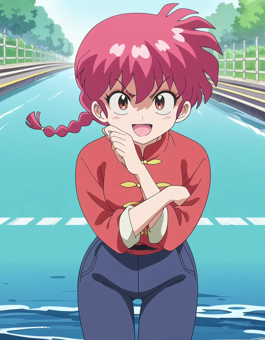 score_9, score_8_up, score_7_up, source_anime, <lora:ranma-saotome-s1-ponyxl-lora-nochekaiser:1>, ranma saotome, braid, red hair, single braid, braided ponytail, red eyes, medium breasts, anime screencap,, pants, chinese clothes, tangzhuang,, bridge, connection, water, road, cars, smile, <lora:x-arms-ponyxl-lora-nochekaiser:1>, x arms, blush, open mouth, leaning forward,, looking at viewer, solo,, dutch angle, cowboy shot