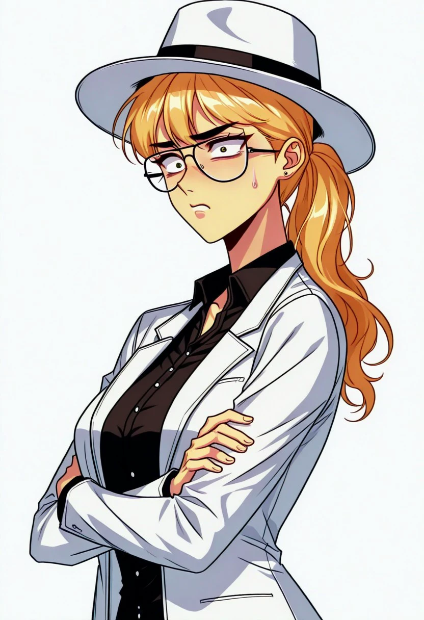 manhwa, b3therz, 1girl, eyewear, hat, blonde hair, folded arms, transparent background, disgusted, from_front