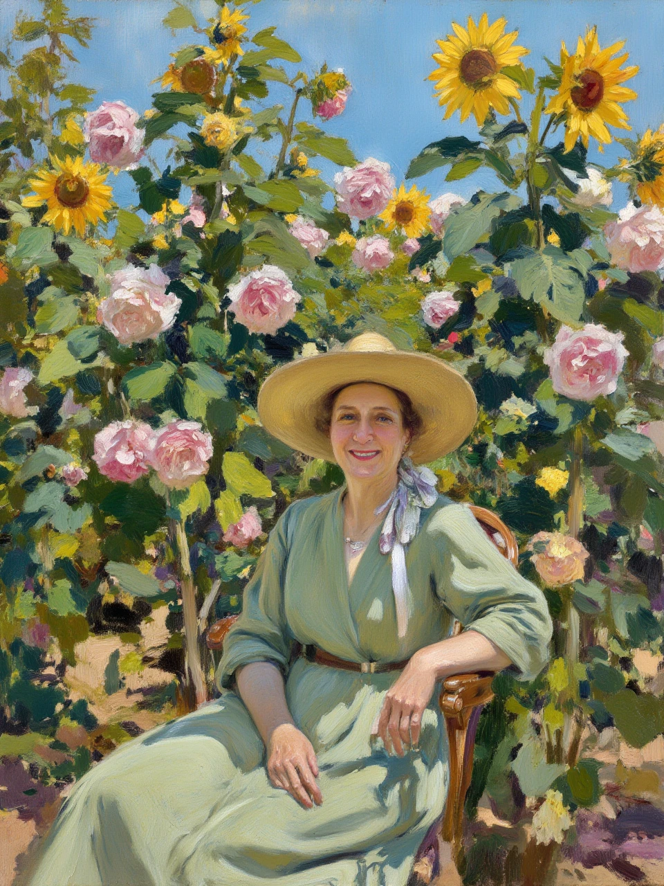 An oil painting, featuring a middle-aged woman sitting in a garden surrounded by blooming roses and tall sunflowers. She wears a simple green dress and a straw hat with a ribbon trailing behind. The background showcases vibrant greenery and a bright blue sky. Her serene smile and relaxed posture convey a sense of contentment. The composition is bathed in sunlight, with dynamic brushstrokes bringing the flowers and foliage to life.