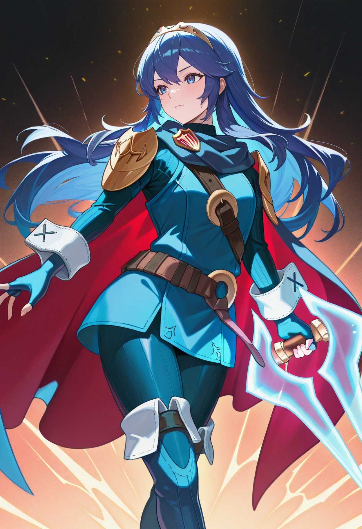 masterpiece, best quality, hires, absurdres, newest, <lora:energysword-halo-richy-v1_ixl:1> energy weapon, blue weapon, glowing weapon, holding weapon,  <lora:felucina-illu-nvwls-v1:1> dfLuc, long hair, tiara, cape, shoulder armor, blue tunic, long sleeves, cuffs, blue scarf, fingerless gloves, belt, pants, thigh boots,