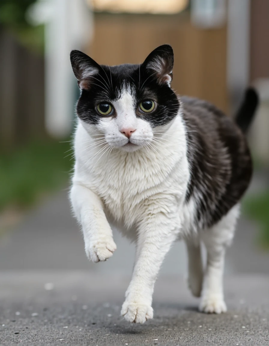 This is a high-quality photograph ofBerkeley Cat. He is a black and white cat mid-leap, captured from a slightly low angle. The cats body is fully stretched, with its front paws extended forward and back legs tucked under, showcasing its agility and grace. The background is blurred, emphasizing the cat as the central subject. The lighting is soft and natural, highlighting the cat's fur texture and the subtle details of its face. The overall aesthetic quality of the image is very high, with a shallow depth of field that keeps the cat in sharp focus while the background remains out of focus. <lora:Berkeley_FLUX_3:1.5> <lora:amateurphoto-v6:0.5>