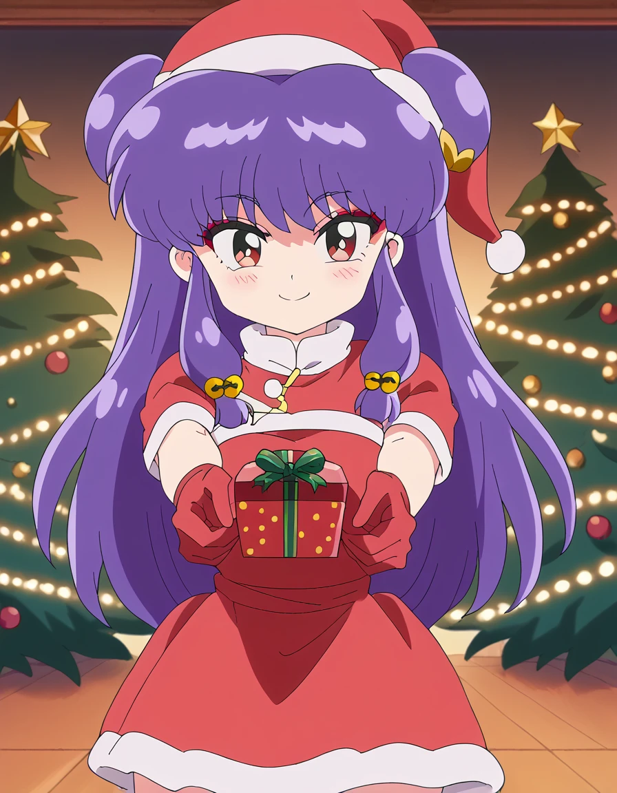 score_9, score_8_up, score_7_up, source_anime, <lora:shampoo-s1-ponyxl-lora-nochekaiser:1>, shampoo, shampoo (ranma 1/2), long hair, hair ornament, red eyes, purple hair, hair bun, double bun, medium breasts, anime screencap,, <lora:santa-costume-ponyxl-lora-nochekaiser:1>, santa costume, santa hat, christmas, sack, merry christmas, gift, fur-trimmed headwear, holding sack, santa dress, fur-trimmed dress, christmas tree, christmas tree, fur trim, red capelet, gift box, red gloves, fur-trimmed capelet, santa gloves, red hat, hat,, smile, blush, looking at viewer, <lora:incoming-gift-ponyxl-lora-nochekaiser:1>, incoming gift, outstretched arms, holding, holding gift, gift, gift box,, , dutch angle, cowboy shot