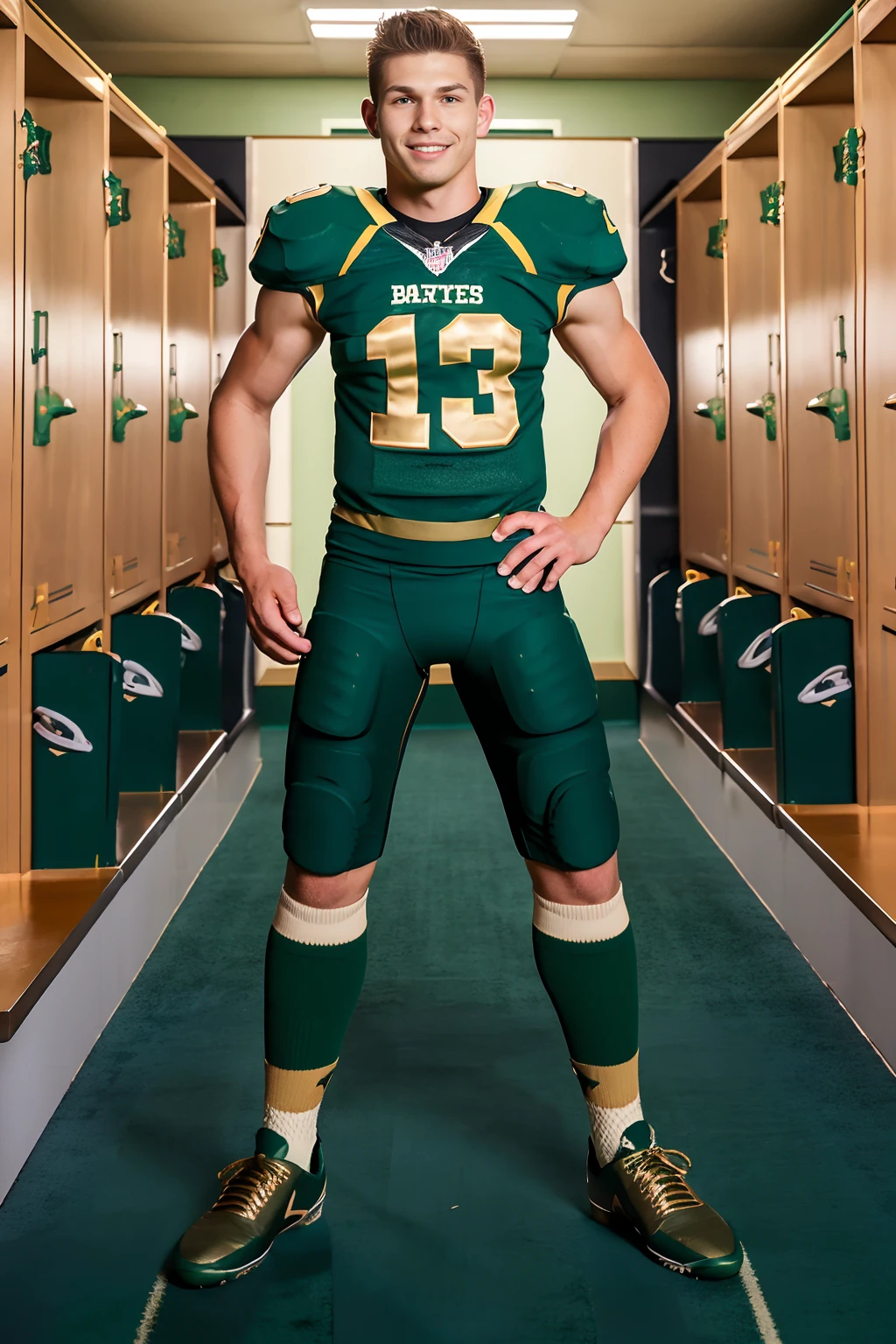 locker room, standing in front of bench, in front of lockers, smiling, MichaelRoss is an (American football player), wearing (football uniform:1.2), (dark green jersey:1.3), dark green (shoulder pads), jersey number 12, (dark green football pants:1.3), (pale gold socks:1.3), long socks, (sneakers:1.3), (((full body portrait))), wide angle  <lora:MichaelRoss:0.8>  <lora:add_detail:-0.5>