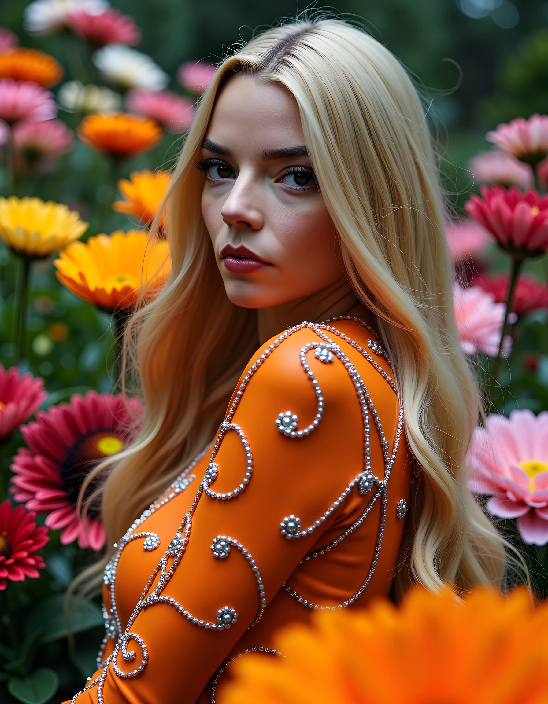In a surreal, dream-like setting reminiscent of a 1960s psychedelic art movement, a close-up image captures ANY4TJ, a woman with long, flowing blonde hair that cascades like a shimmering waterfall down her back. Her eyes, framed by thick black eyeliner, gaze intensely and directly at the viewer. The lighting is soft yet dramatic, casting an ethereal glow on her face. She wears a unique, vibrant orange dress with swirling patterns that mimic the psychedelic aesthetic of the background. The dress's long sleeves are adorned with intricate silver beading, catching the light and creating a mesmerizing effect. The setting is a lush, surreal garden filled with towering flowers of every color imaginable, their petals glowing softly in the strange, otherworldly light. The emotional tone of the image is mysterious, captivating, and slightly unsettling, as if the viewer has stumbled upon a hidden world that exists just beyond the veil of reality.