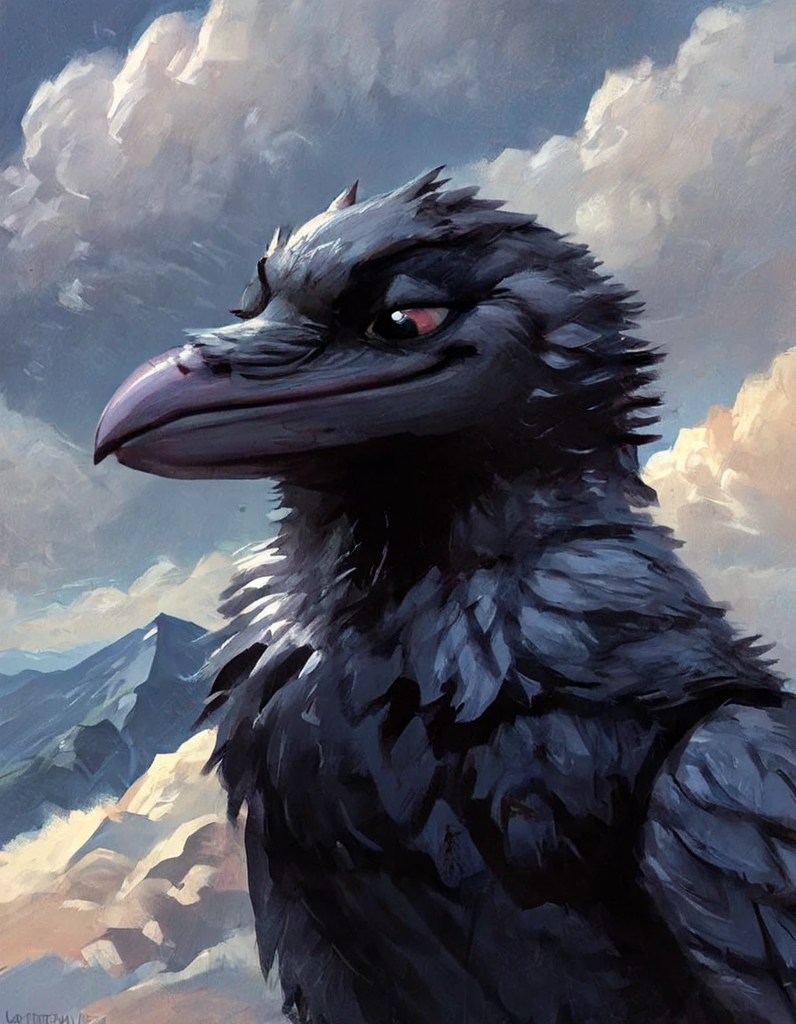 source_furry ,
furry, raven, focused, looking out, black feathers, portrait, cloudy sky, mountainous background , expressive, 
 <lora:Better_Kenket-000008:0.9>, score_9, score_8_up, score_7_up, score_6_up, score_5_up,