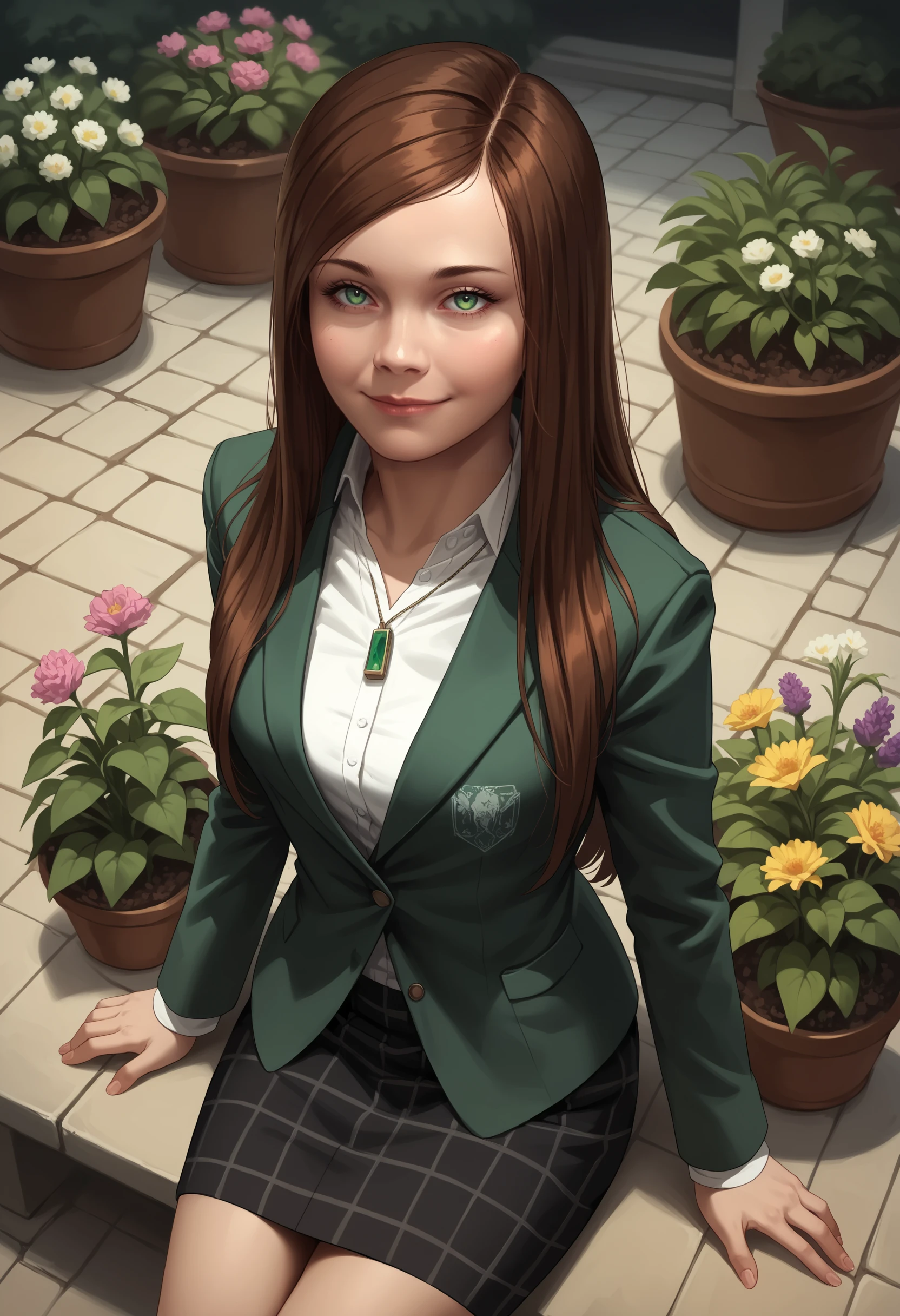 score_9, score_8_up, score_7_up, score_6_up, score_5_up, score_4_up,  <lora:VictoriaHitmanA:0.85> 1girl, solo, victoriaf, long hair, brown hair, green eyes, jacket, necklace, skirt, looking at viewer, smile, bedroom eyes, from above, sitting, 
outdoors, garden, flowers,