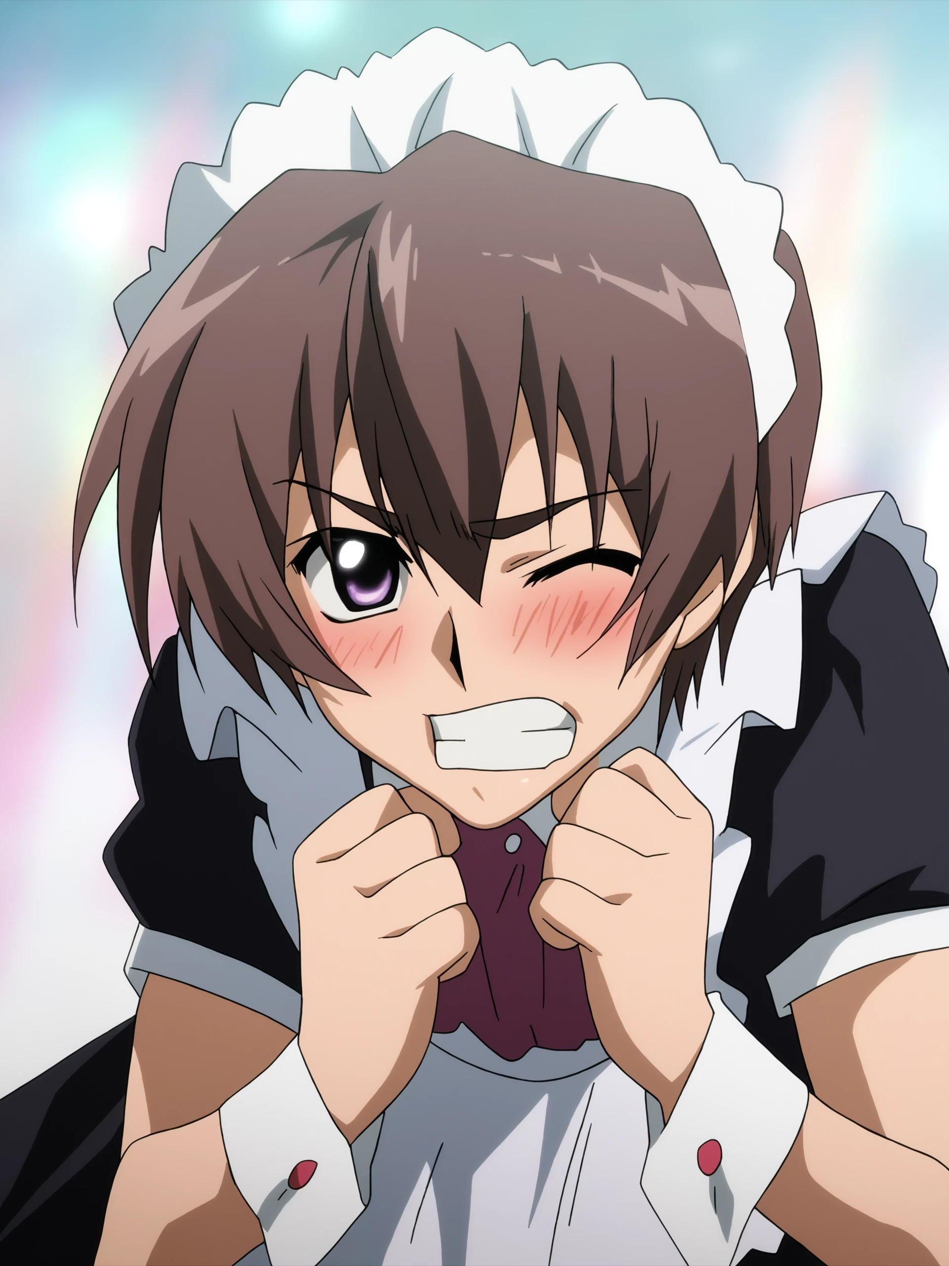 higurashikira, anime screencap, anime coloring, solo, blush, short hair, brown hair, 1boy, purple eyes, male focus, teeth, one eye closed, wrist cuffs, maid, maid headdress, parody, clenched teeth, crossdressing, maebara keiichi, 
(masterpiece, best quality, absurdres, highres, newest:1.2), very awa, 