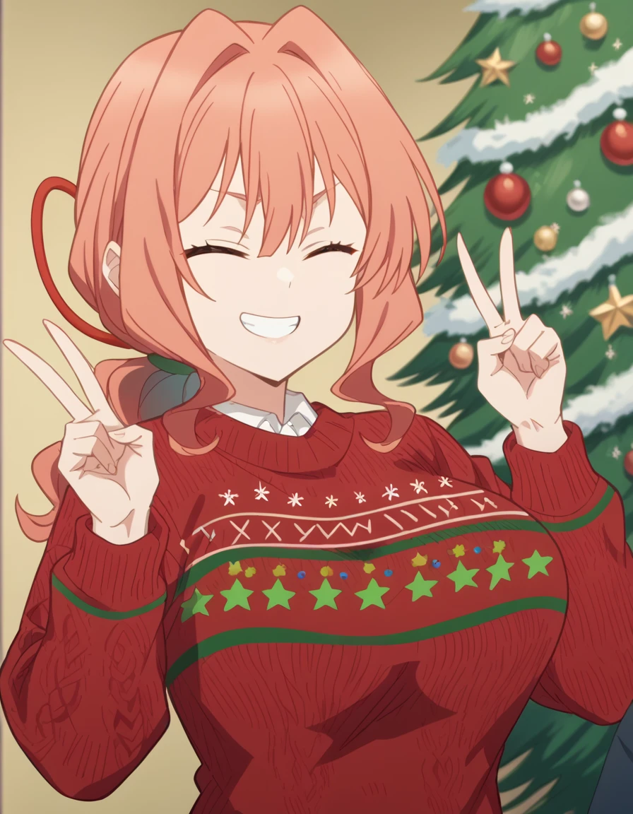 score_9, score_8_up, score_7_up, source_anime, <lora:yuna-amagami-s1-ponyxl-lora-nochekaiser:1>, yuna amagami, long hair, bangs, red eyes, hair between eyes, ponytail, pink hair, low ponytail, large breasts, anime screencap,, <lora:christmas-sweater-ponyxl-lora-nochekaiser:1>, christmas sweater, christmas, ugly sweater, print sweater, red sweater, christmas tree, christmas ornaments, sweater, multicolored sweater, , v, smile, hands up, teeth, closed eyes, cowboy shot,, , dutch angle, cowboy shot