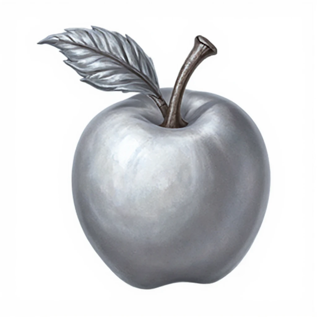 gmic_\(anheifeng\),A silver apple with silver leaves,, (( White background, simple background))),masterpiece,best quality,great quality,good quality