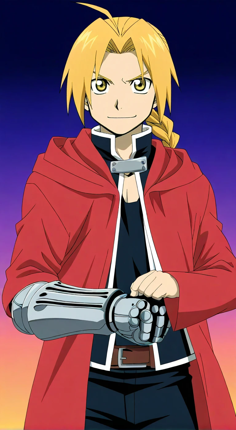 score_9, score_8_up, score_7_up, source_anime, highres, (masterpiece, best quality, (anime, anime coloring:1.3),1boy,solo,male focus,Anime screencap,edward elric,blonde hair,long hair,yellow eyes,ahoge,braiden ponytail,single mechanical arm,simple background,smile,red coat,smile