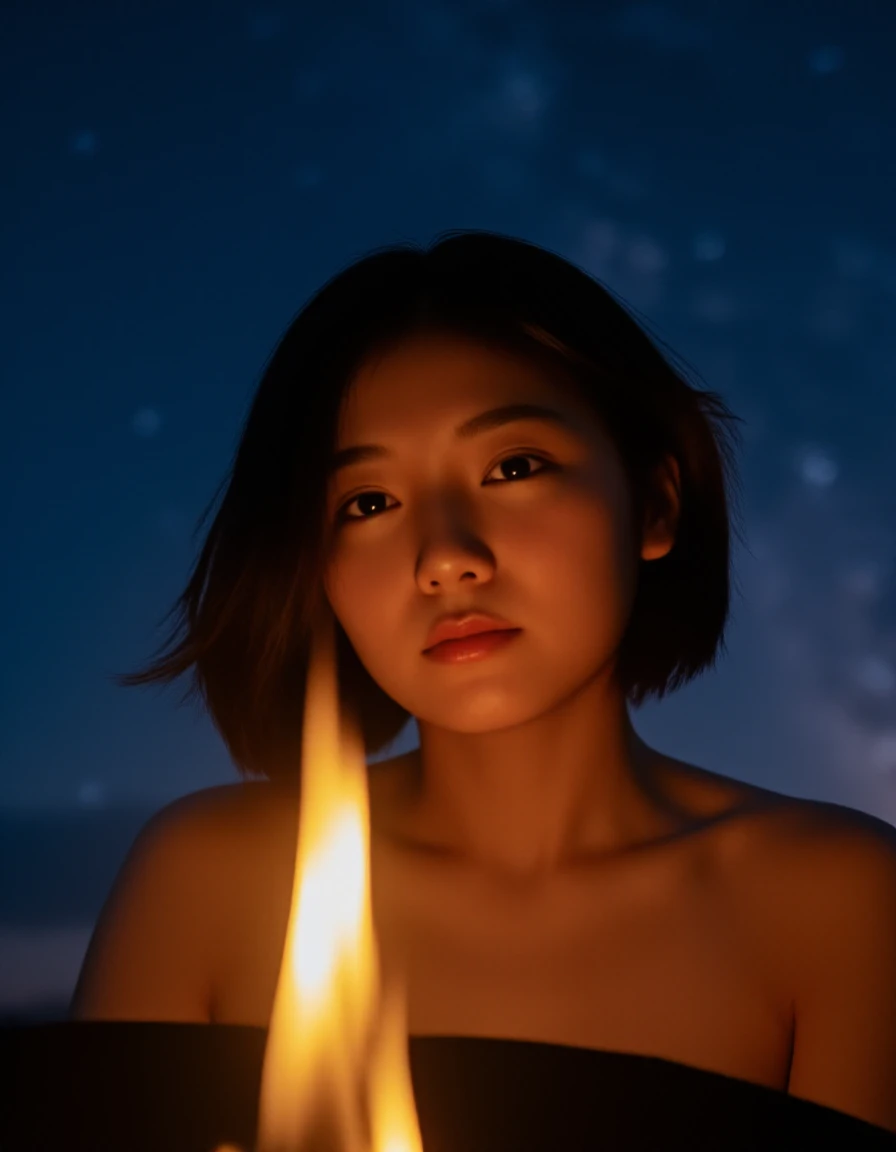 realistic photo of a asian woman,
"A portrait of a young woman enjoying a campfire, her face lit by the warm glow of the flames. The background is a starry night sky, with the Milky Way visible. Her hair is slightly windblown, adding to the sense of adventure. The photo is taken from a low angle, making her appear larger than life. The overall mood is one of adventure and freedom. The image is high quality and well-composed, with vibrant colors and sharp details.", (best quality), (masterpiece), 16k, 8K, ultra detailed, detailed skin, detailed face, masterpiece, best quality, ultra-detailed, intricate details, high resolution, 8k, sharp focus, vivid colors, high contrast, cinematic lighting