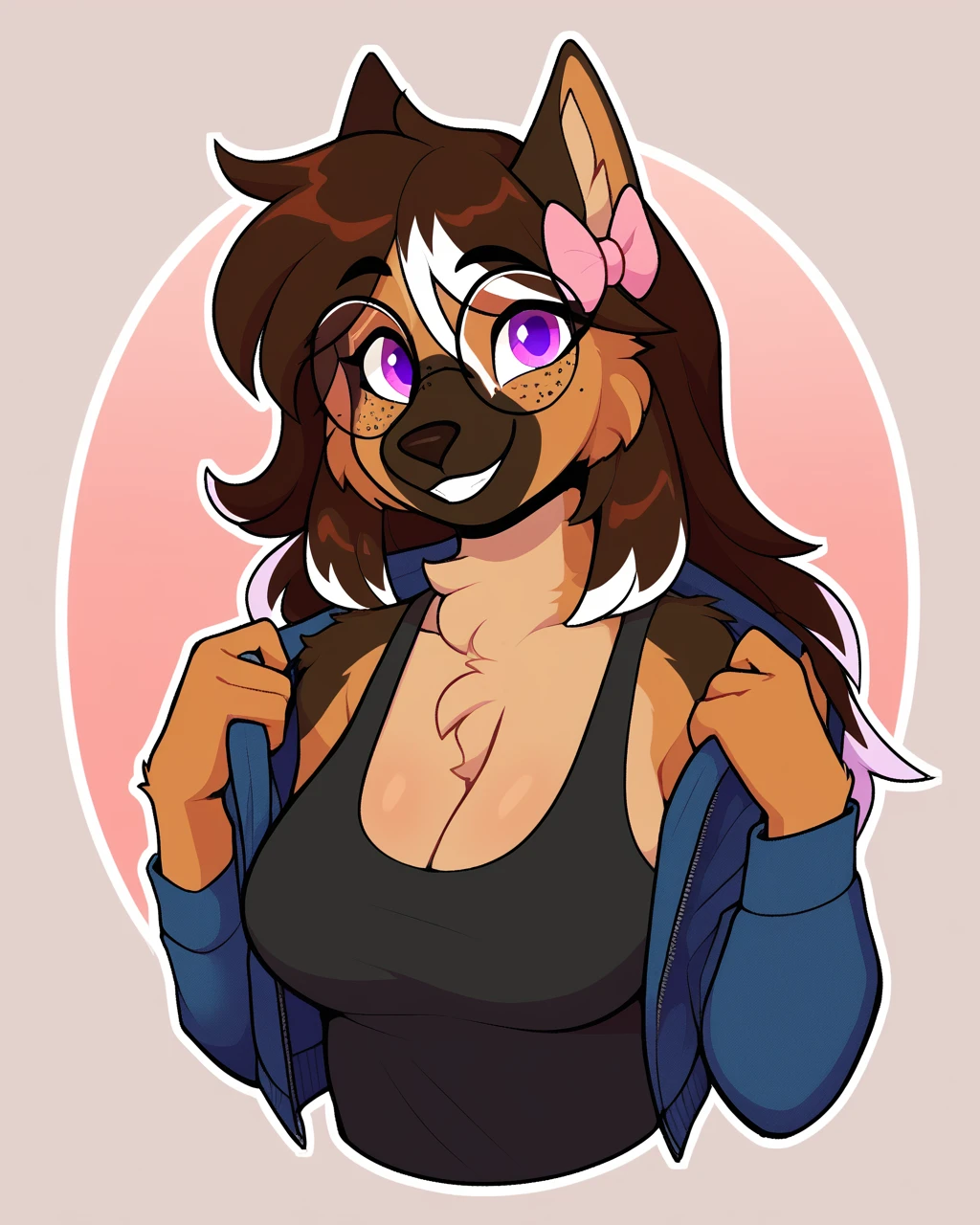 there is a draw image of a wolf, body cotton candy, shirt arm with long, pants black, draw avatar, fursona, furry style, furry character, furry furaffinity, furry fursona, thicc, furry cute style, fursona!!!!, halfbody, fursona, cheap brown hair long girl, woman, Chest girl, backgrouned style colorful, transgender