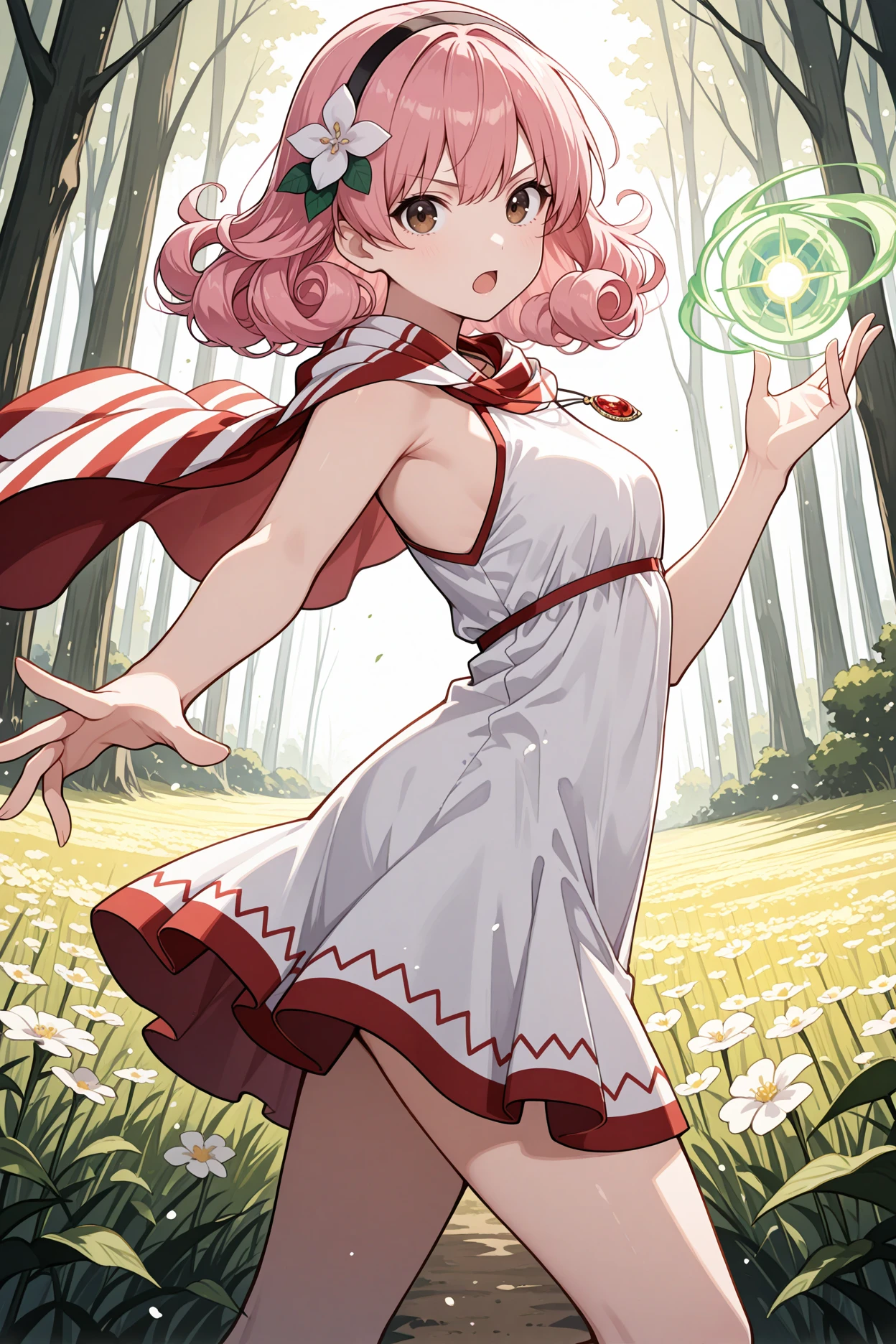 masterpiece, best quality, 1girl, solo,  <lora:fegenny-illu-nvwls-v1-000007:1> picgny, pink hair, curly hair, medium hair, brown eyes, hairband, pendant, hair flower, striped capelet, white and red capelet, white dress, short dress, sleeveless dress, red stripe, outstretched arm, green magic, open mouth, serious, from side, dynamic pose, field, forest, hand up, looking at viewer