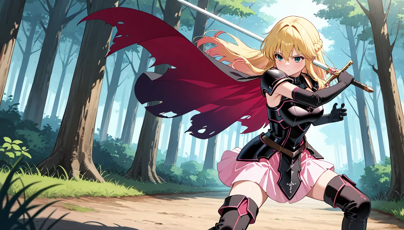 score_9,score_8_up,score_7_up, source_anime, hires,high quality,best quality, 
<lora:Lachesis_Fire_Emblem_Genealogy_of_Holy_War:1>,res_lachesis, blonde hair, pink dress, torn cape, black thigh boots, black elbow gloves, black armor, shoulder armor, zettai ryouiki, gradient clothes, shiny, multicolored clothes, two-sided cape,
fighting stance, holding sword, forest,